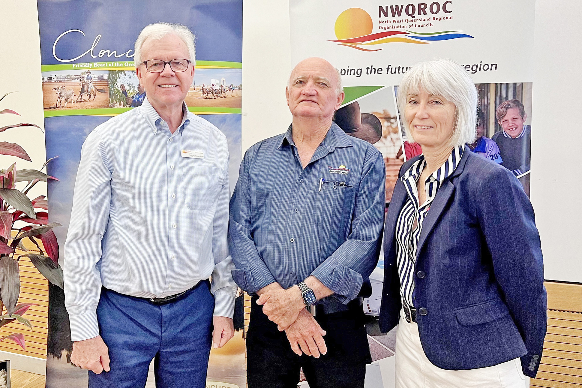 North West Queensland Regional Organisation of Council executive director Greg Hoffman with NWQROC chair Jack Bawden, who is the mayor of Carpentaria Shire Council, and deputy chair Janene Fegan, who is the mayor of McKinlay Shire Council.