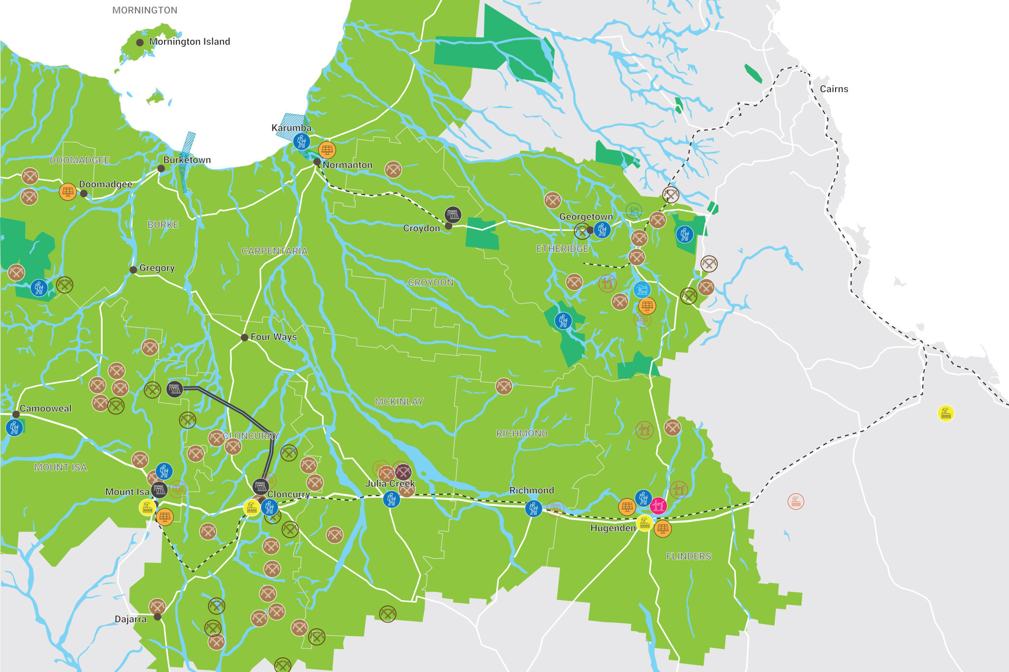 A map that highlights the North West Queensland Regional Organisation of Councils and some of the existing assets in the region.