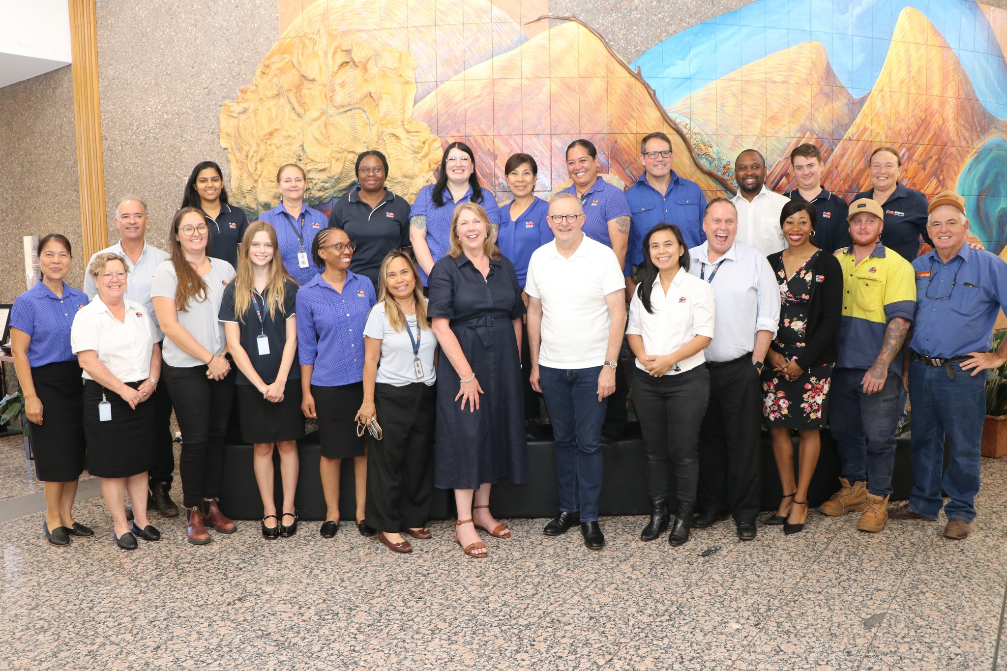 Prime Minister Anthony Albanese and Minister Catherine King with Mount Isa City Council staff on Wednesday.