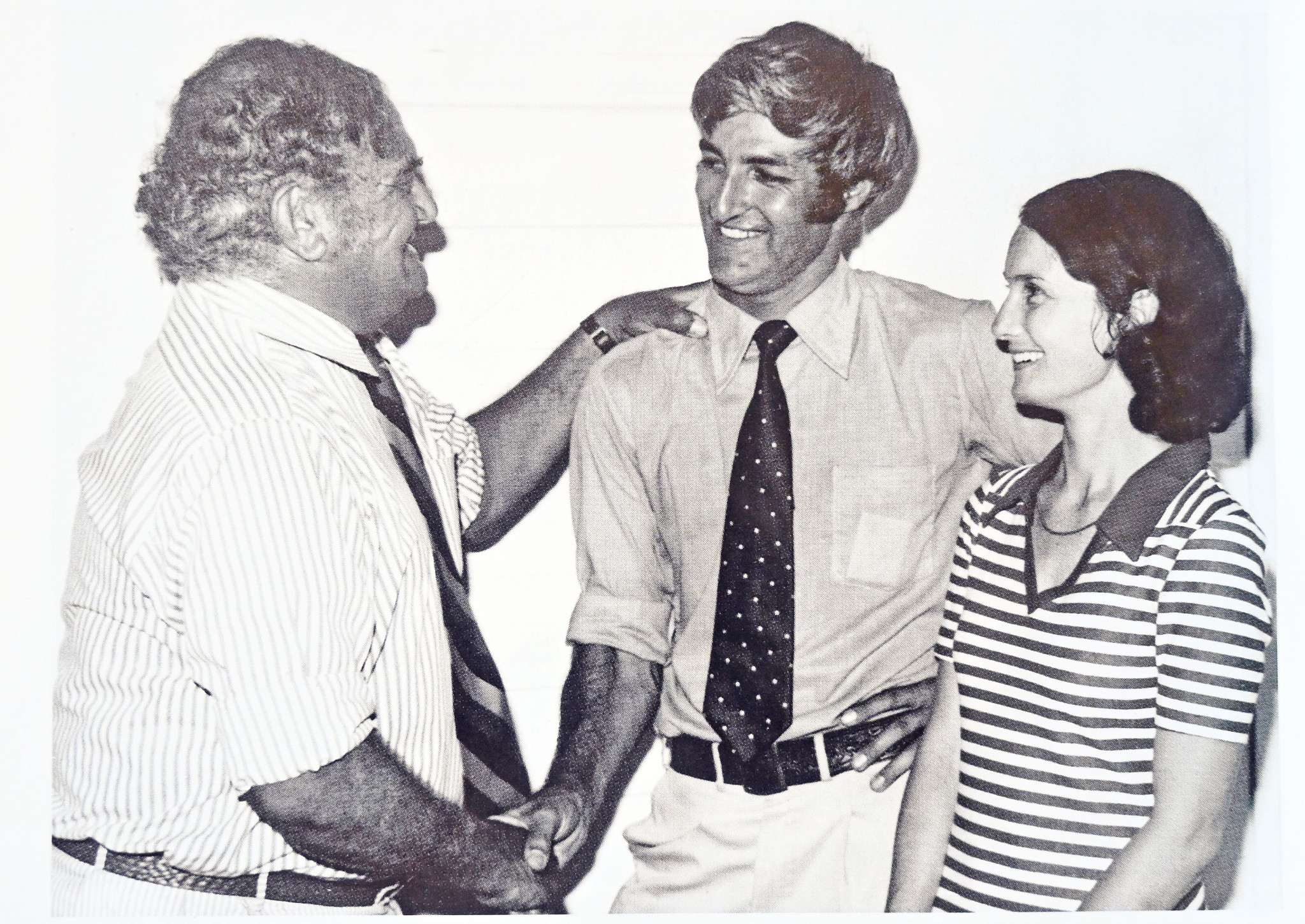 Member for Kennedy, Bob Katter Snr, congratulates his son Bob Katter Jnr and his wife Susie, after he was elected as the Member for Flinders in 1974.