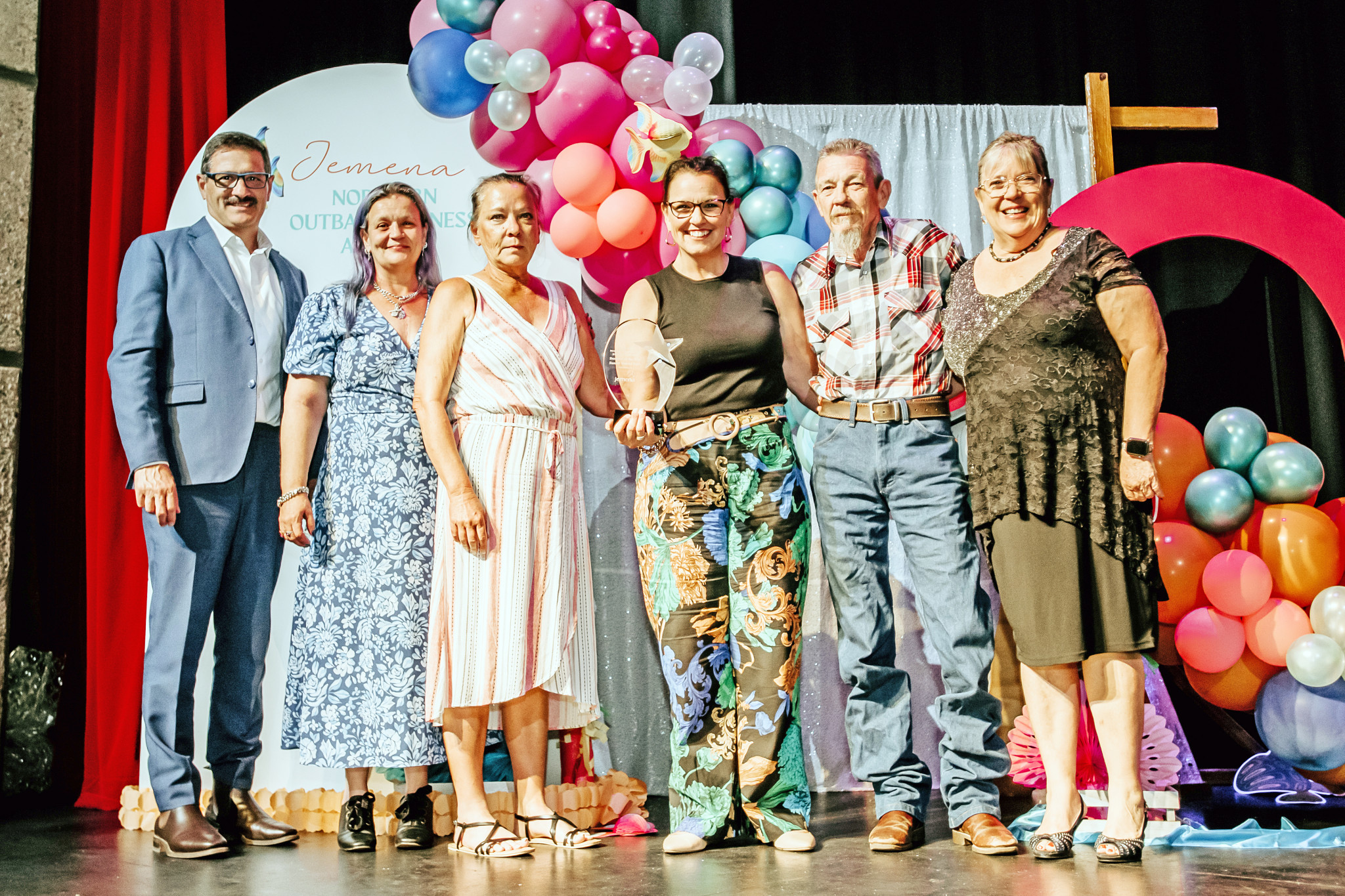 The Sunset Tourist Park team after it was named the Business of the Year at the Northern Outback Business Awards. Pictured (from left) are Craig Farrugia from major sponsor Jemena, Nicole Valinoti, De Griffin, Kylie Rixon, Pat Thorley and Michelle Valinoti.