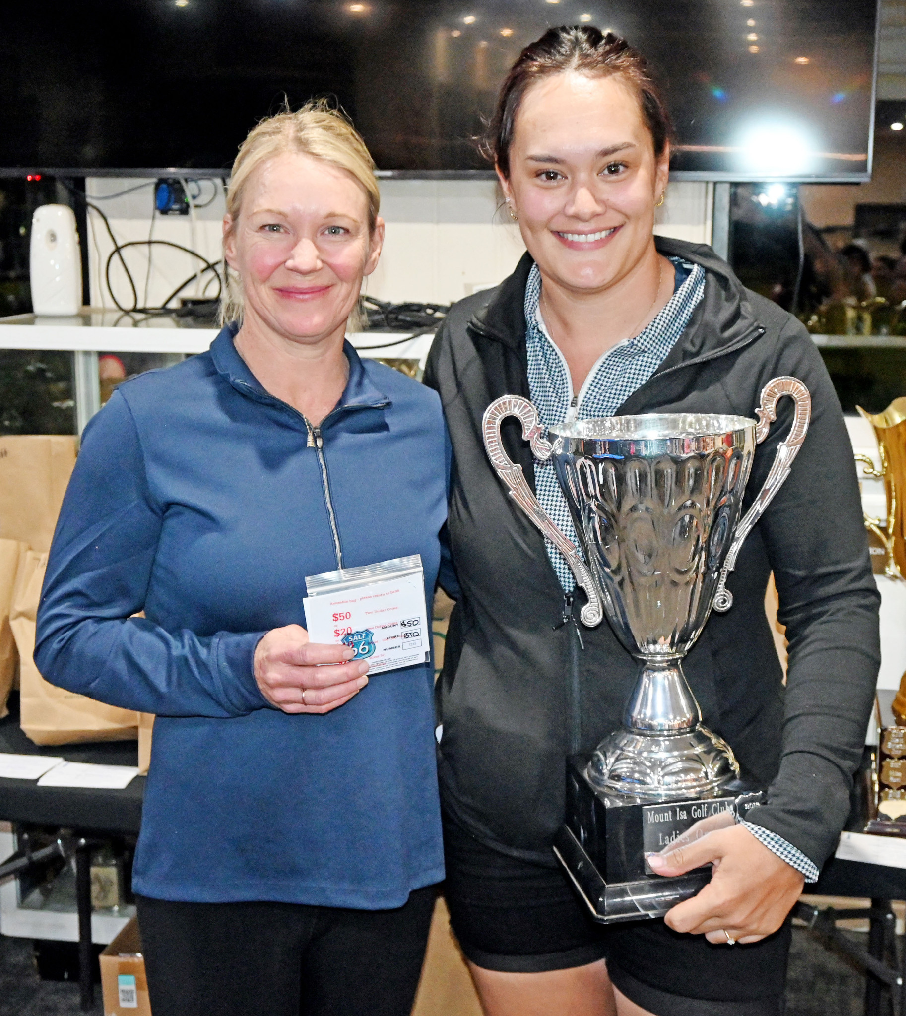 Women’s nett winner Eryan Haddon with Kate Chadwick, the 2025 City of Mount Isa Open women’s champion.
