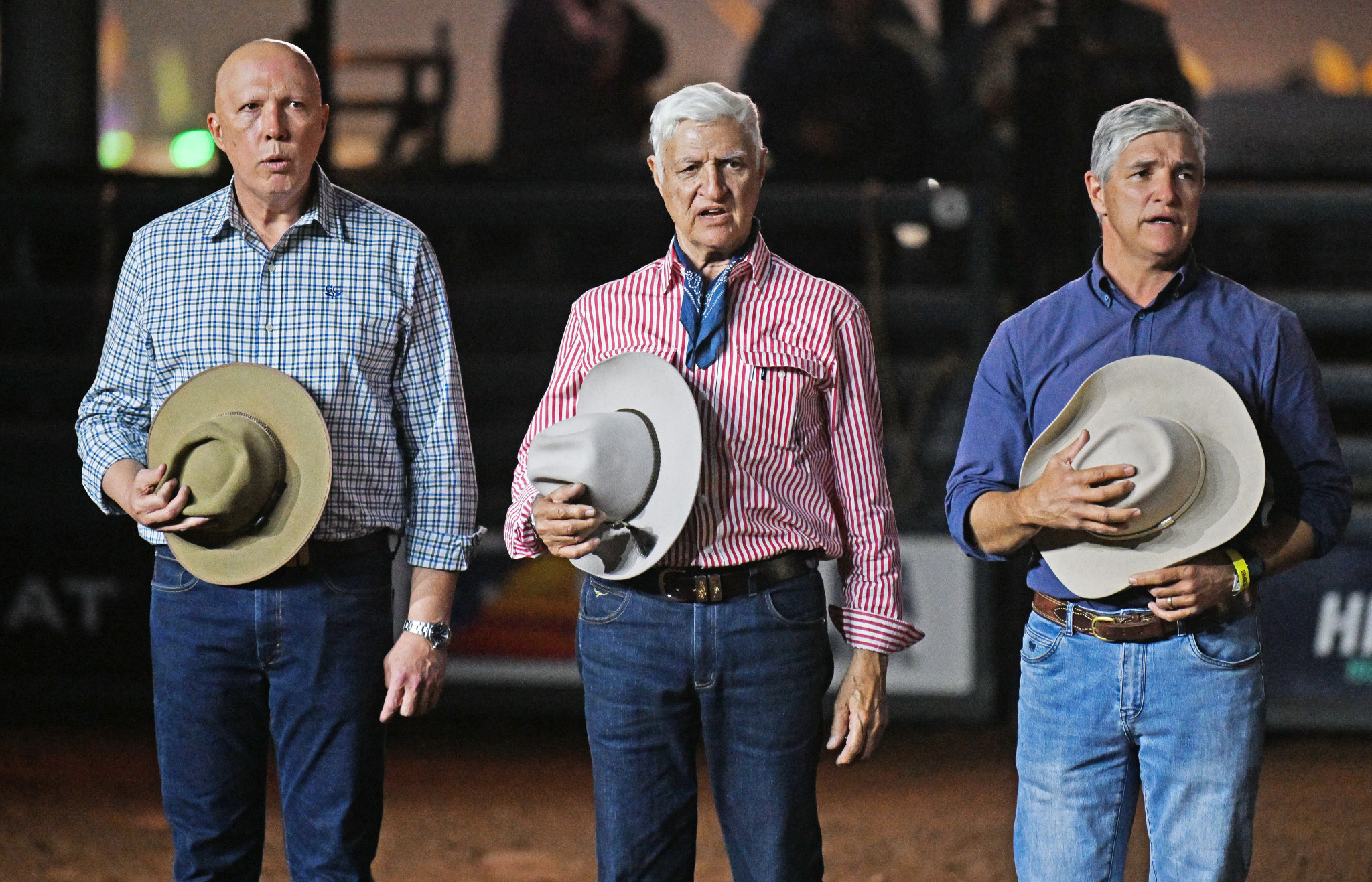 Opposition Leader Peter Dutton, Member for Kennedy Bob Katter and Member for Traeger Robbie Katter at this year’s Mount Isa Rodeo.