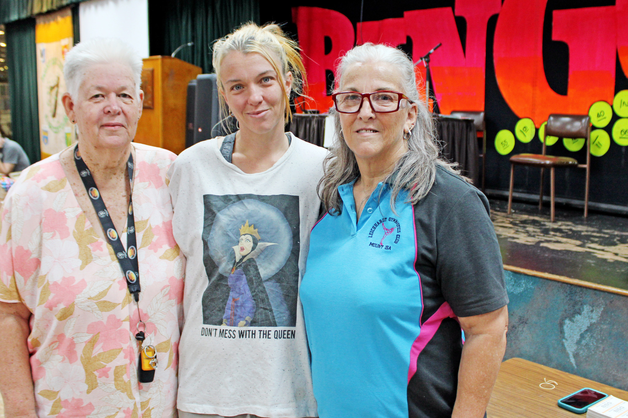 Mount Isa Irish Club bingo organiser Pam Langtree with Leichhardt Gymnastics Club coach Trudy Adams and her daughter Jacinta Jacobs at the final fundraiser on Saturday.