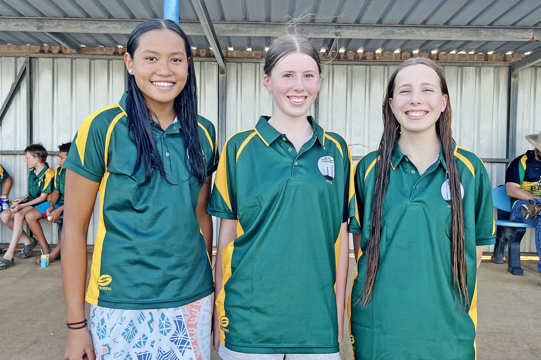 Kali Poch, Ella Tate and Ava Tate from Mount Isa at the Barcaldine pool on Saturday.