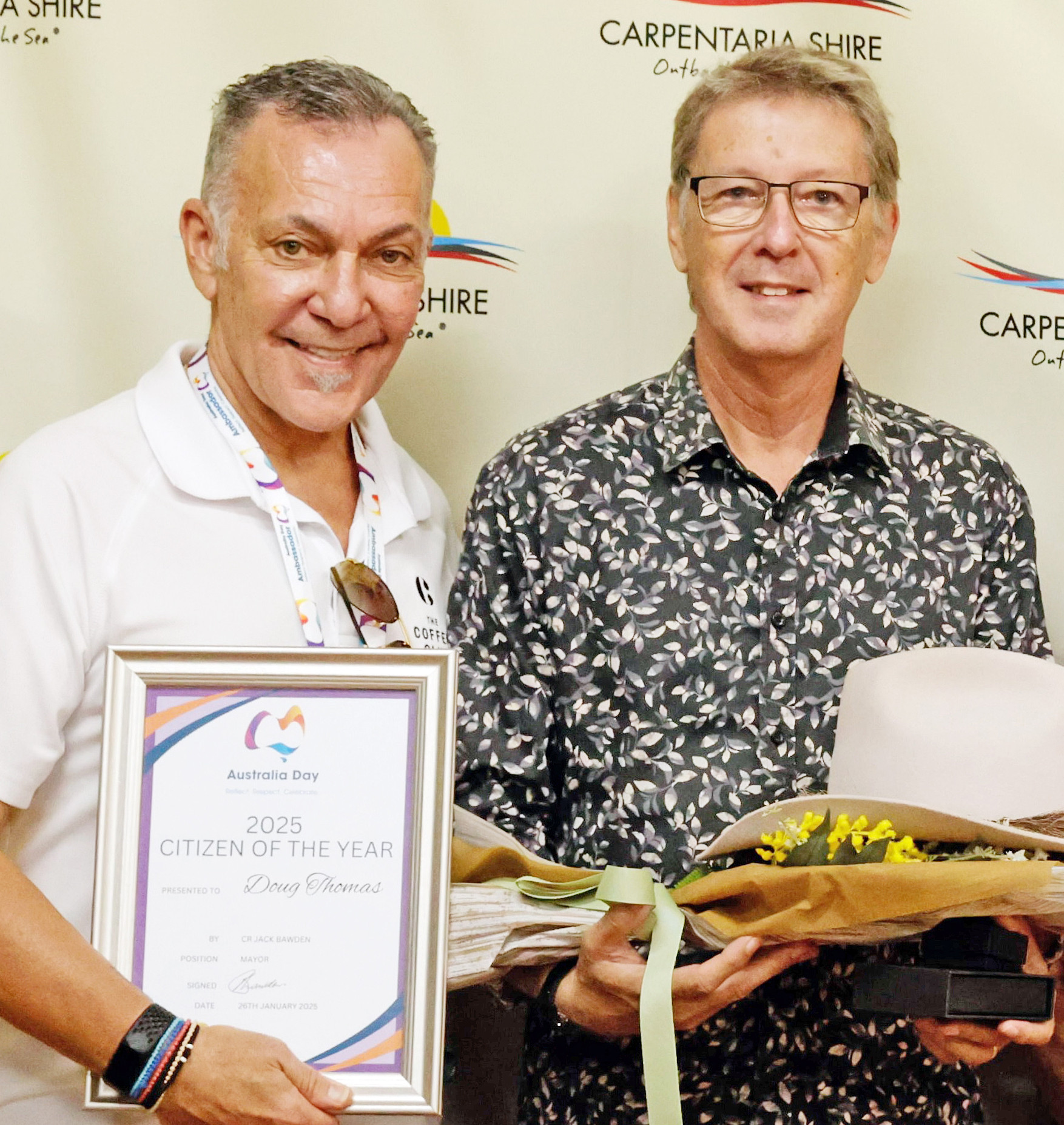 Carpentaria Shire’s Australia Day ambassador and Coffee Club founder John Lazarou (left) with Citizen of the Year, Pastor Doug Thomas.