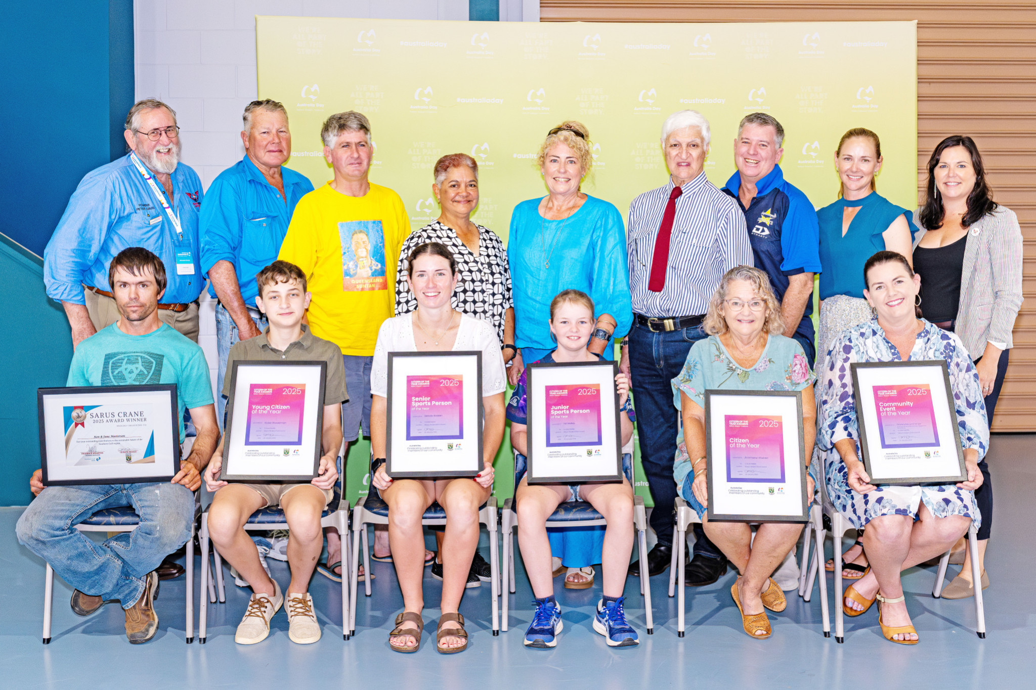 Flinders Shire’s Australia Day award winners were recognised for their commitment to the community. Back row – Ambassador Peter Davis, Cr Clancy Middleton, Cr Pete Fornasier, Cr Kelly Carter, Cr Kerry Wells, Kennedy MP Bob Katter, Cr Shane McCarthy, Skye McClymont and mayor Kate Peddle. Front row – Lachlan Richardson (on behalf of Ken and Jan Mastersen), Kobe Steadman, Danielle Sladden, Tori Mullaly, Annmarie Wieben and Emily Page.