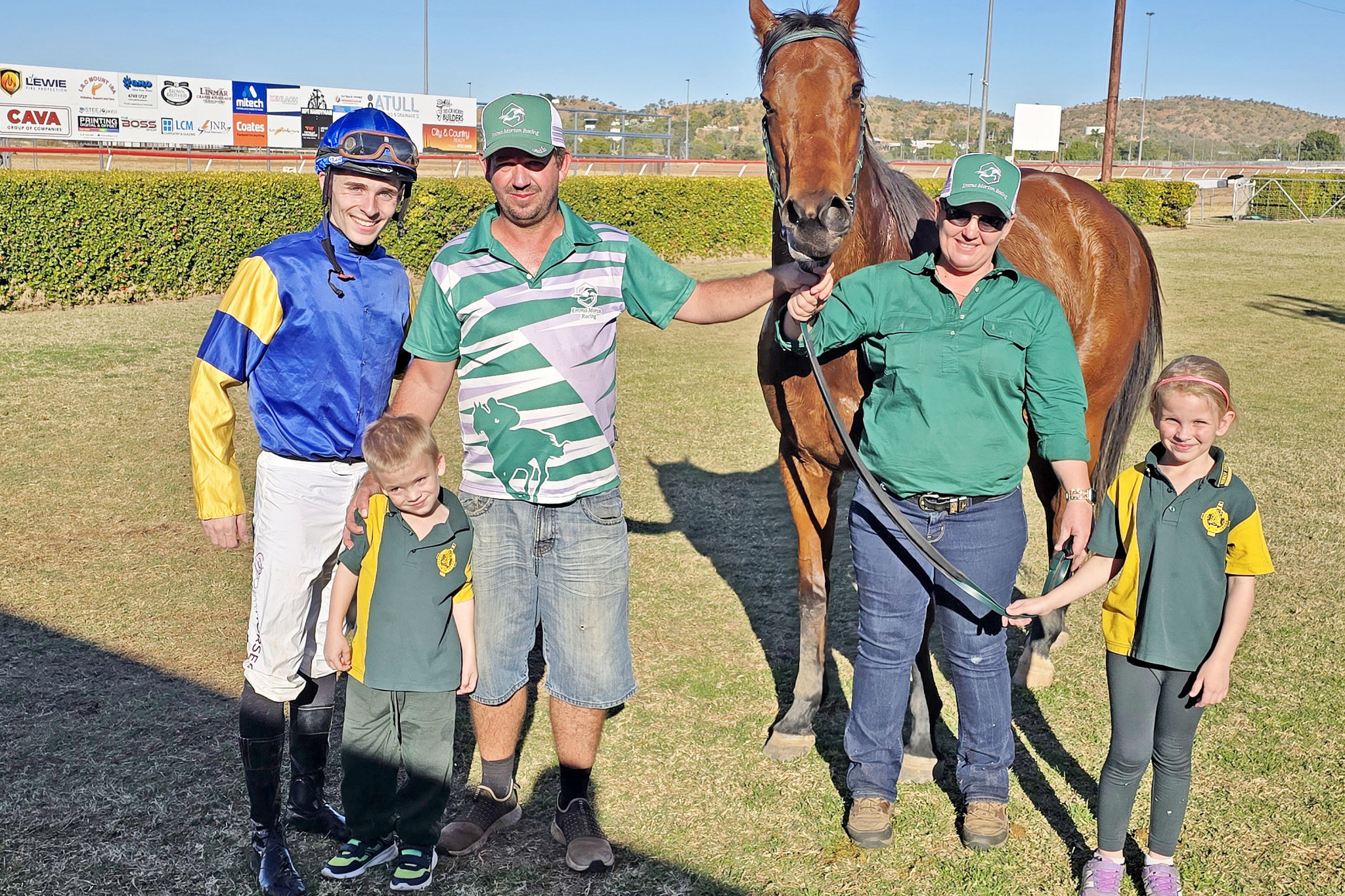 Winning jockey Mitch Goring with Justin Bawden and trainer Emma Morton after Zavaboom’s impressive victory on Monday. Picture: ANDREW WATTS