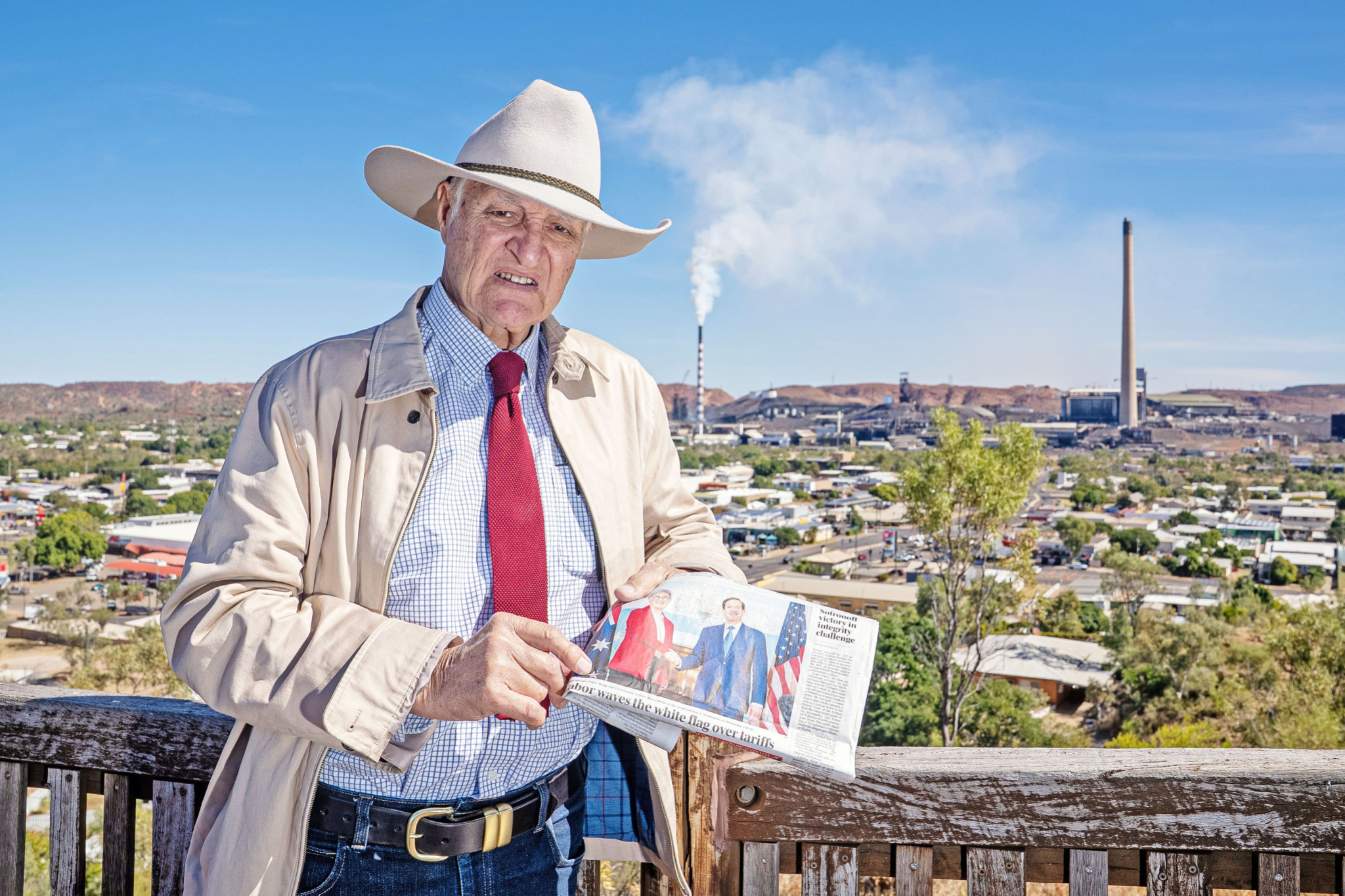 Kennedy MP Bob Katter with a copy of The Australian showing Penny Wong spruiking Australia’s critical minerals.