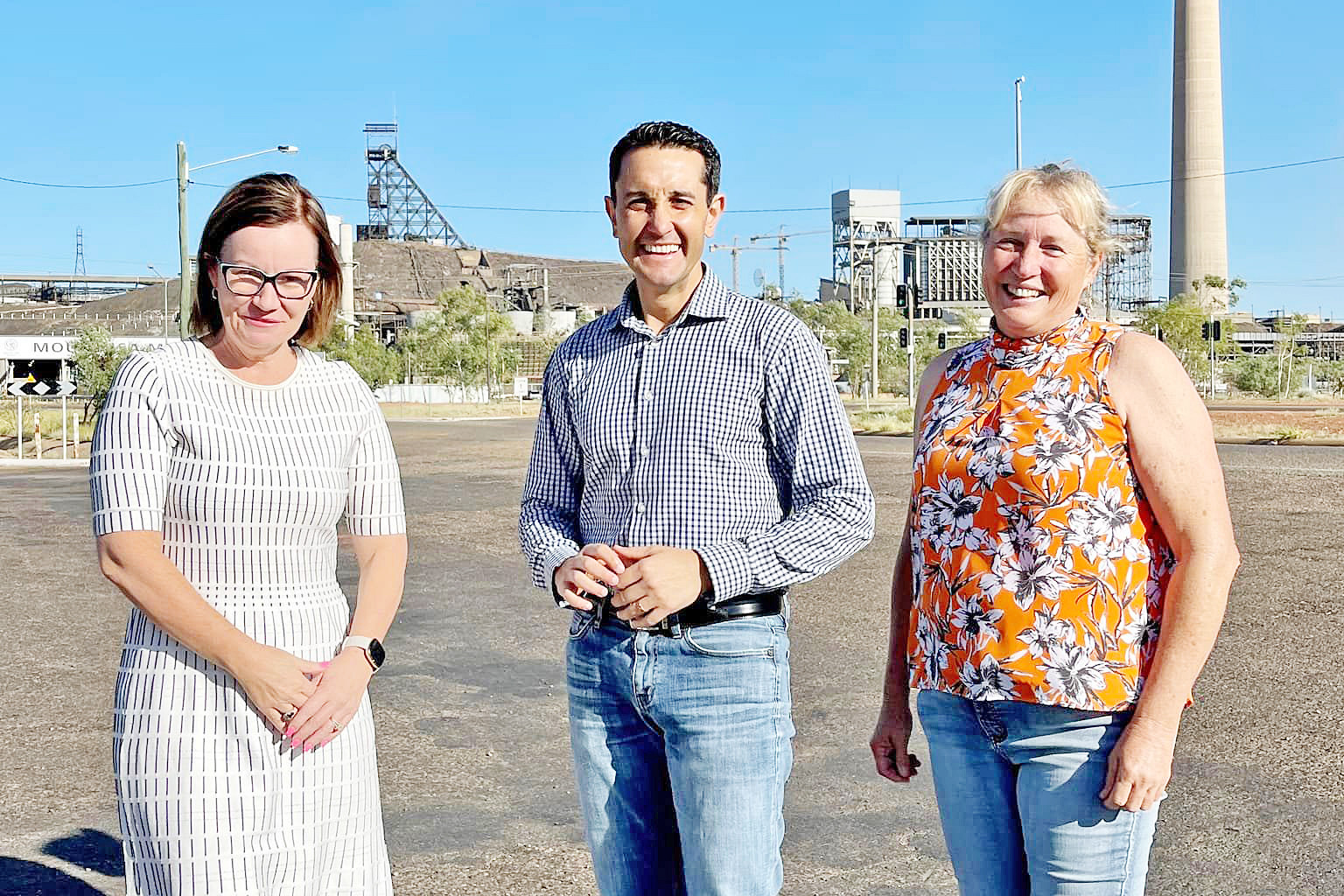 David Crisafulli with Peta MacRae and Kim Coghlan in Mount Isa in April 2022. All three have had a promotion since, with Mr Crisafulli the Premier, Cr MacRae the mayor, and Cr Coghlan the deputy mayor.