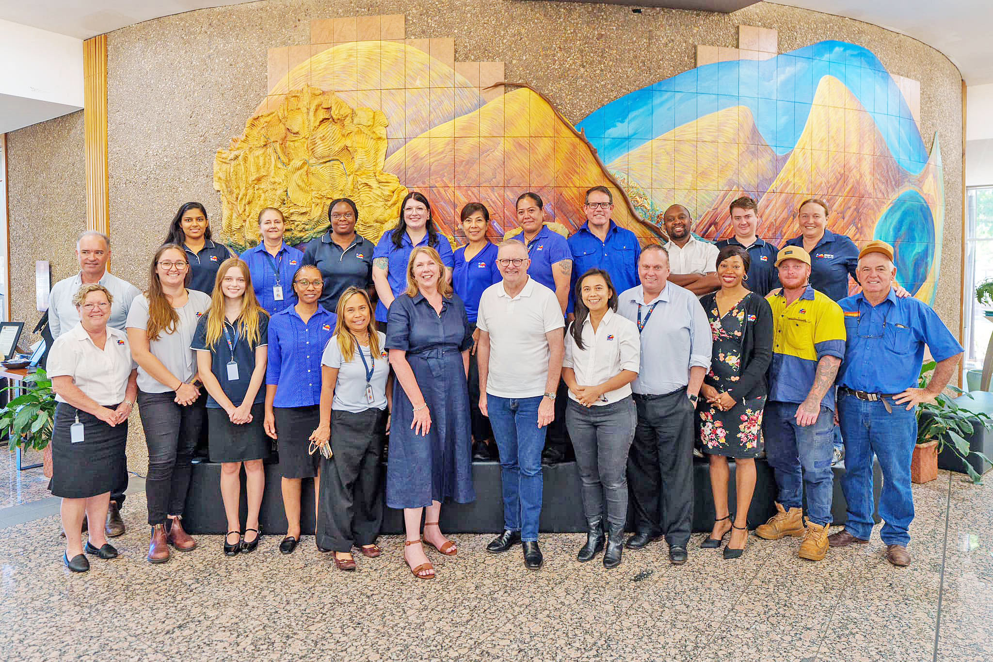 Federal Minister Catherine King and Prime Minister Anthony Albanese with Mount Isa City Council staff during last week’s visit.