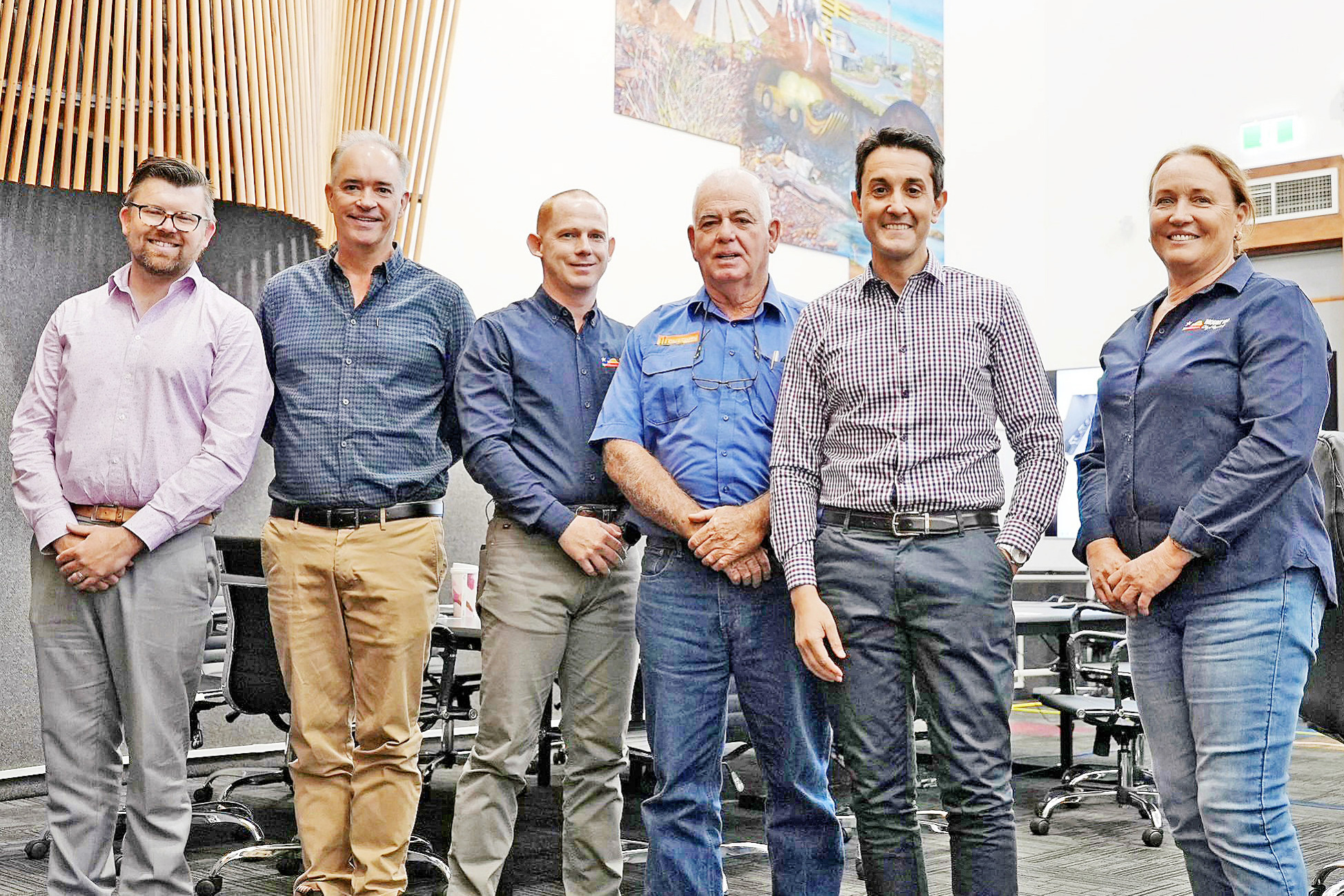 Mount Isa City Council director Chad King, CEO Tim Rose, councillors Dan Ballard and John Tully with Queensland Premier David Crisafulli and deputy mayor Kim Coghlan.