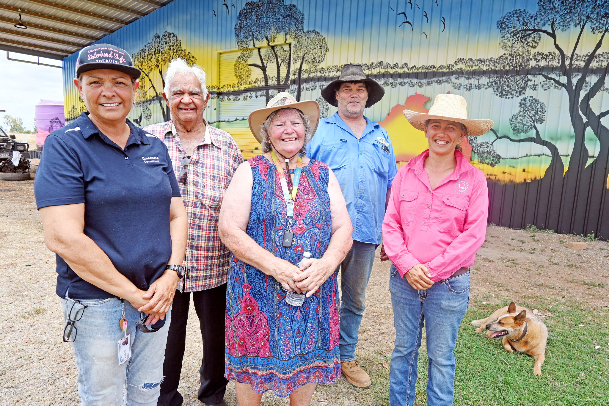 Drovers Camp committee members Josie Saltmere, JR Rankine, Minnie Kennar, Ian Saltmere and Kim Gentle at the new mural display.