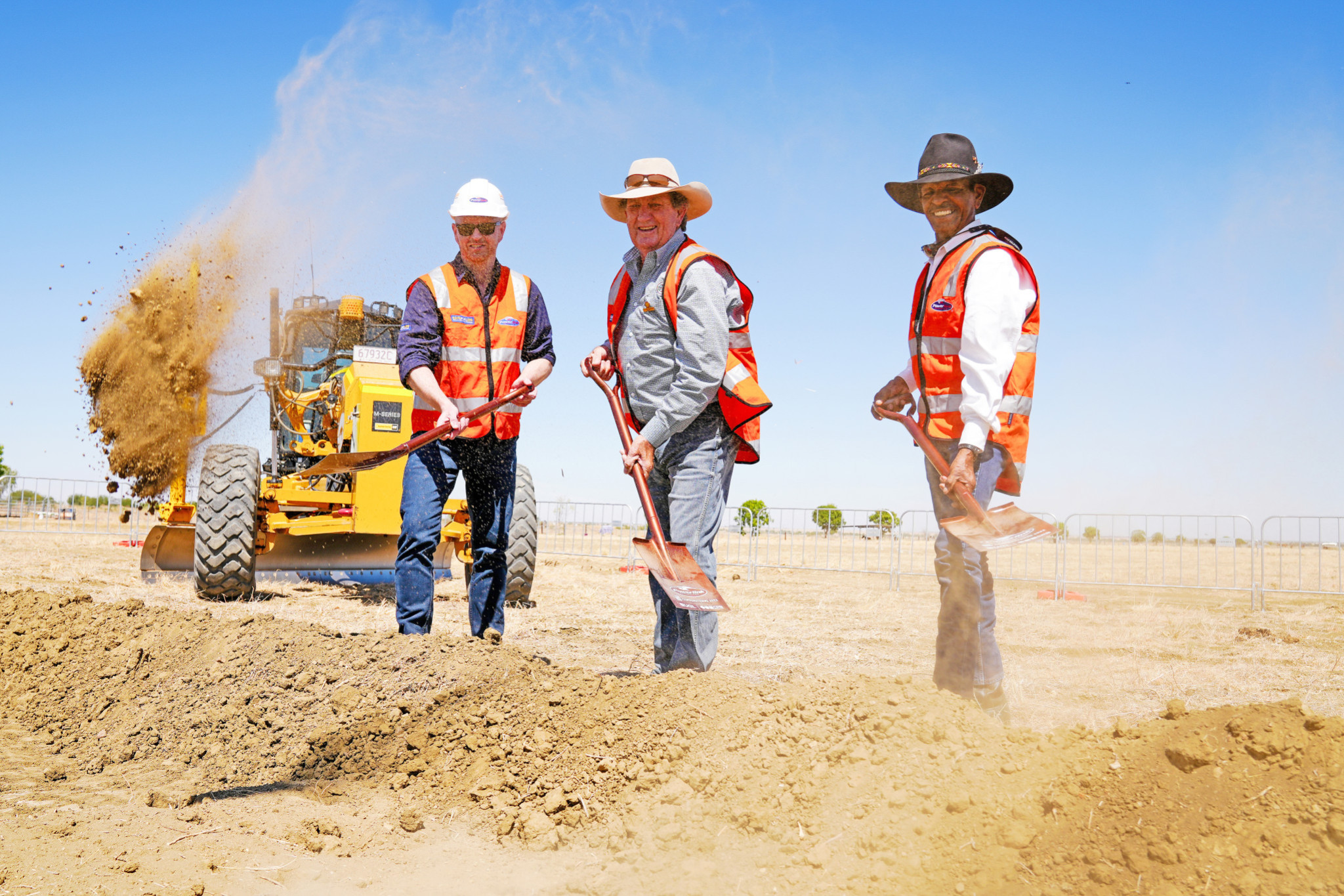 Turning the first sod of the CopperString construction camp at Richmond last year were Powerlink’s project manager Tom Dackray, mayor John Wharton and Traditional Owner Darren Kynuna.