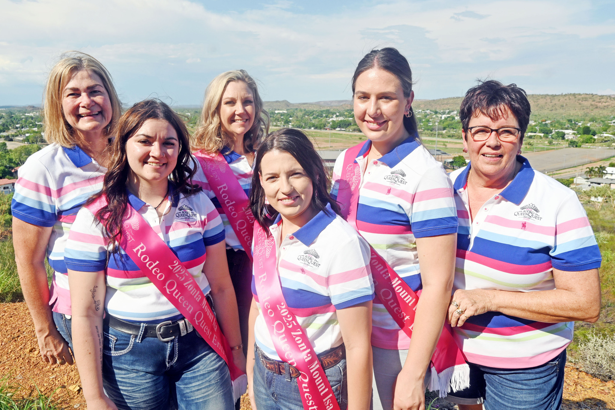 Zonta Mount Isa Rodeo Queen Quest coordinators Loretta Gladstone (far left) and Deb Huddy (far right) with next year’s Quest entrants – Ashla-Paige Butterworth, Julie Hannaford, Chloe Kalbfell and Krystal Wright.