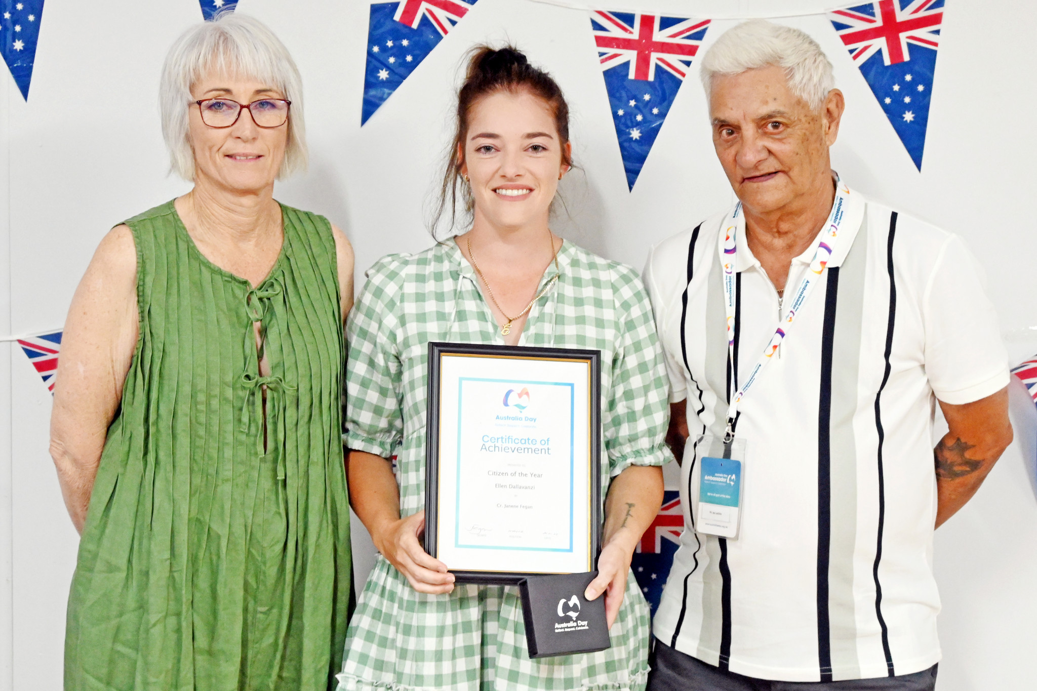 McKinlay Shire Council’s 2025 Citizen of the Year Ellen Dallavanzi (centre) with mayor Janene Fegan and Australia Day ambassador Jay Larkins.