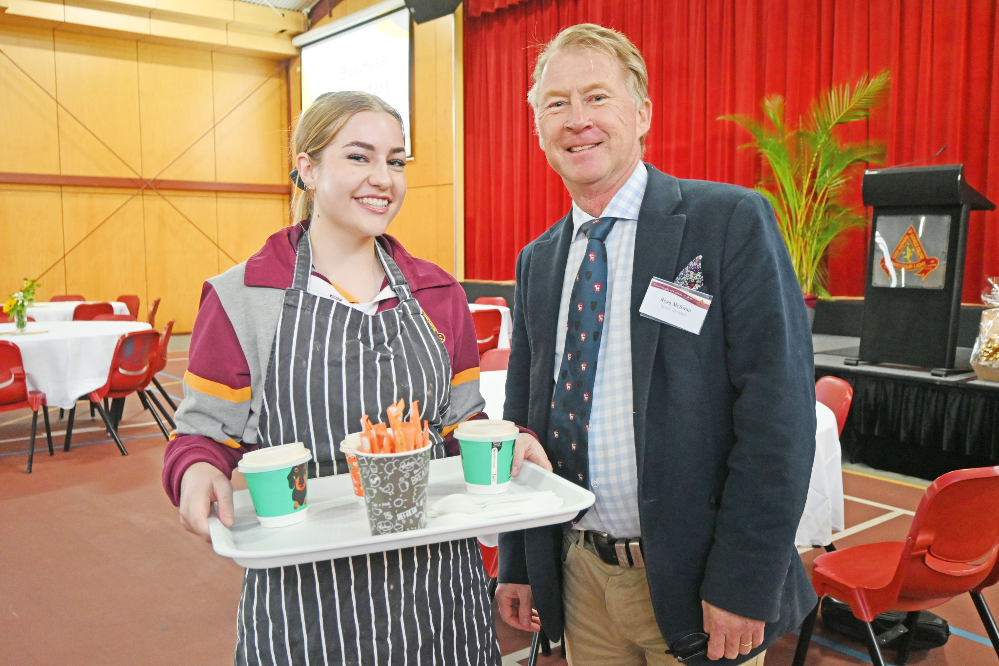 Student Gabby Dolzan with guest speaker Ross McSwan at the Good Shepherd Catholic College Business Breakfast.