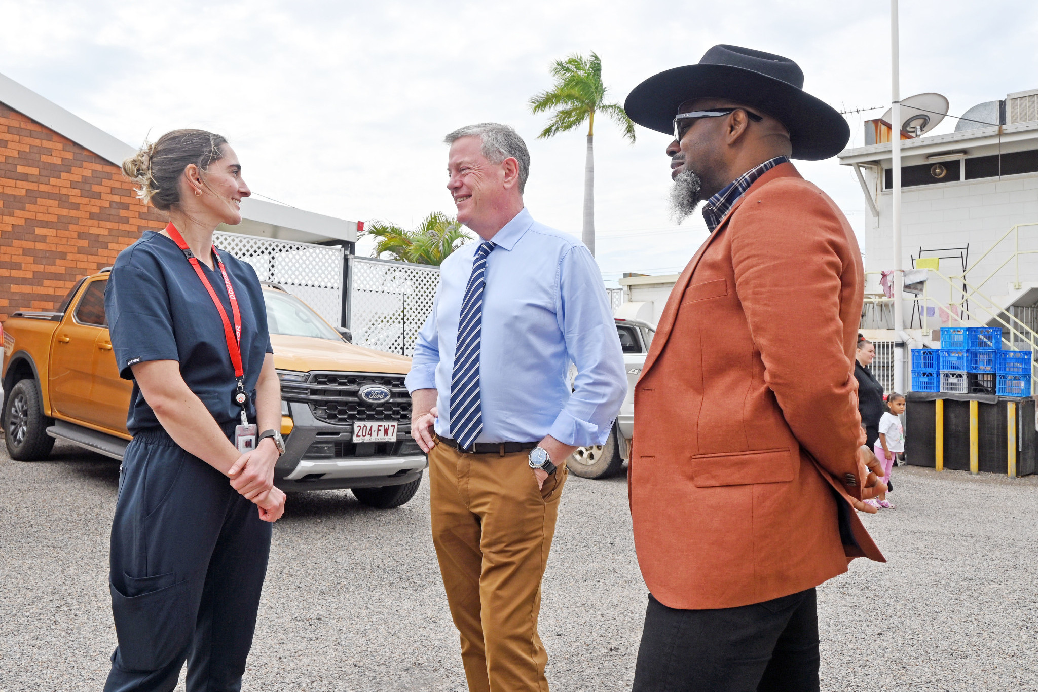 Queensland’s Minister for Health and Ambulance Services Tim Nicholls (centre) at the Mount Isa Medical Centre on Tuesday with Dr Nicole Carmody and Dr Michael Mbaogu.