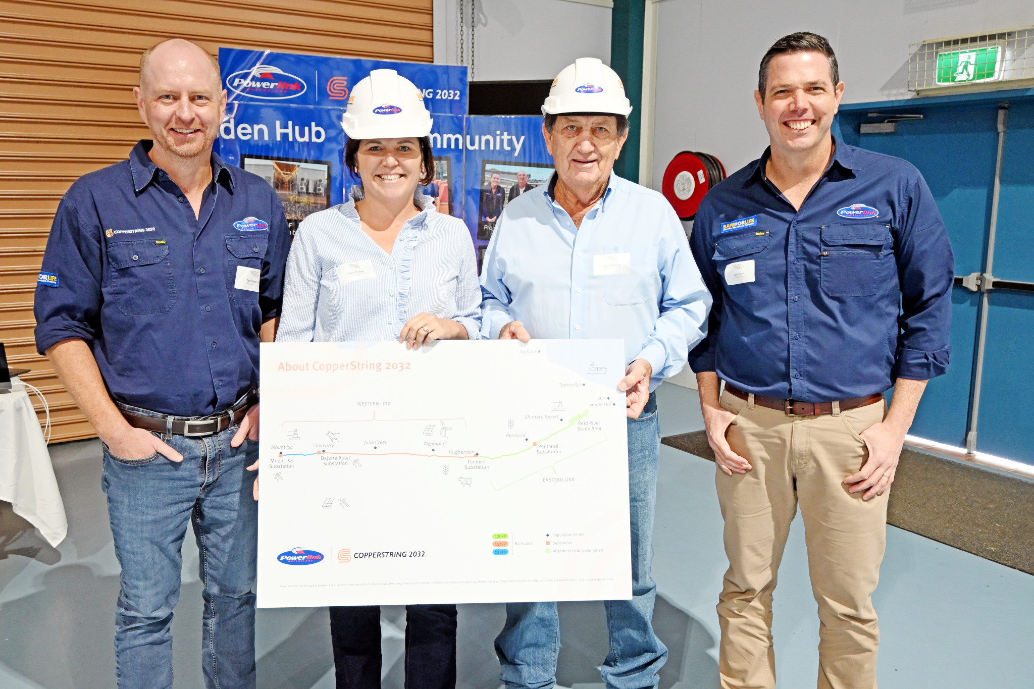 CopperString project manager Tom Dockray and Powerlink major projects executive general manager Ian Lowry with Flinders Shire mayor Kate Peddle and Richmond Shire mayor John Wharton at the Community Renewables Forum in Hughenden on Friday.