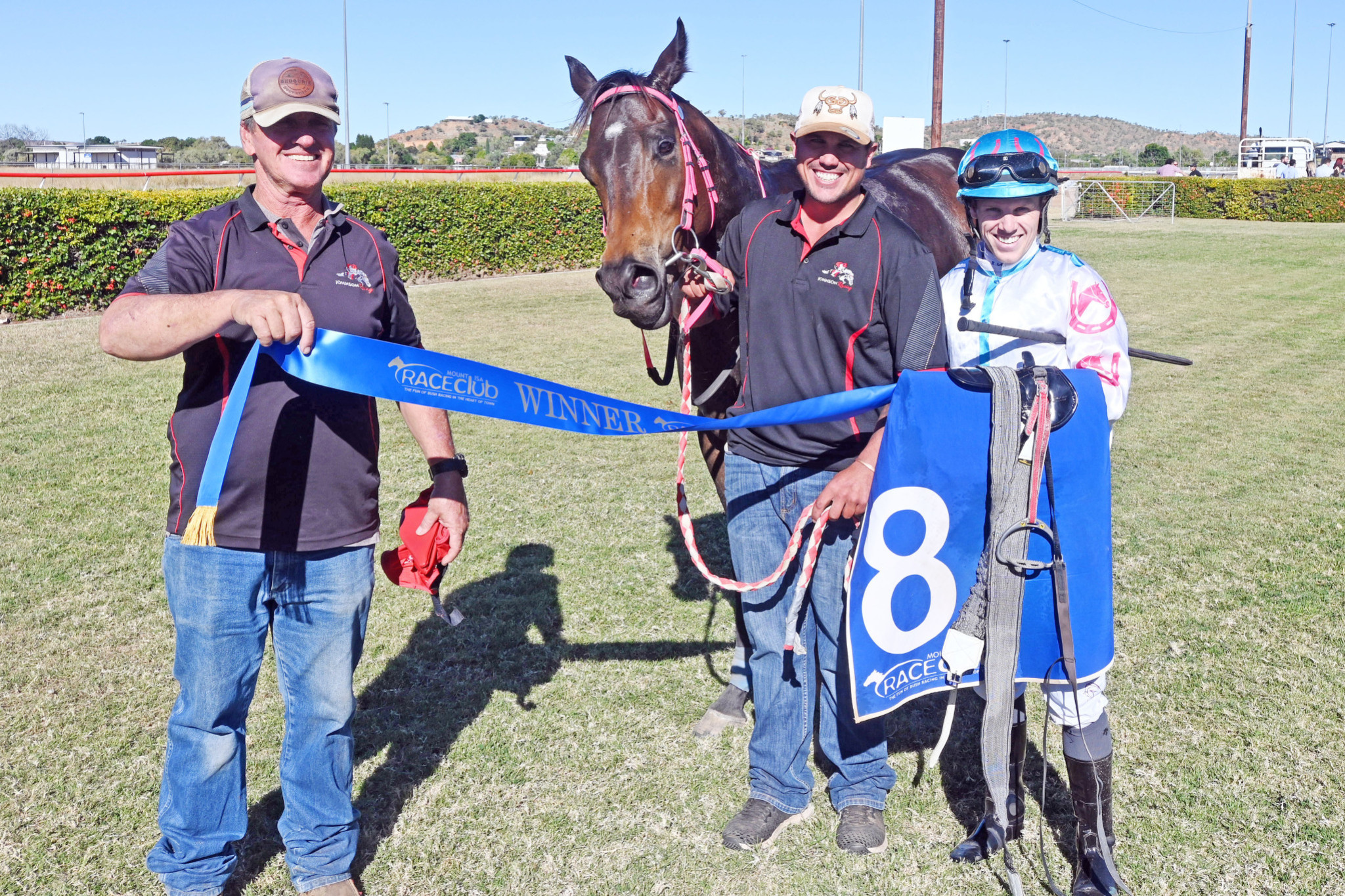 Soopat and winning jockey Corey Bayliss with members of the Johnson Racing team after winning the Coppermarket.