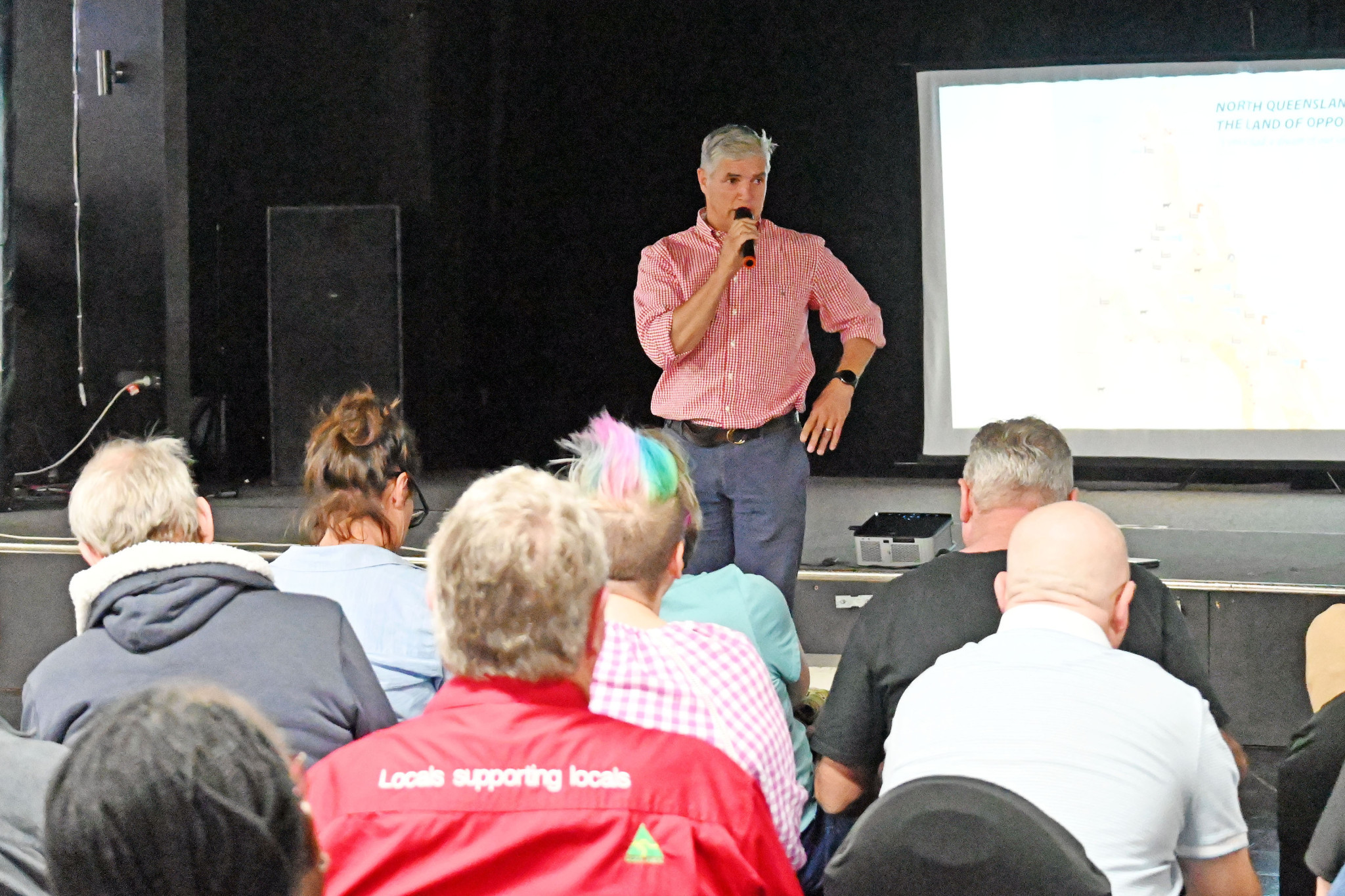 Despte clashing with the Cowboys game, about 70 people gathered to hear an update from Robbie Katter (pictured) and his father Bob at the Barkly Hotel.