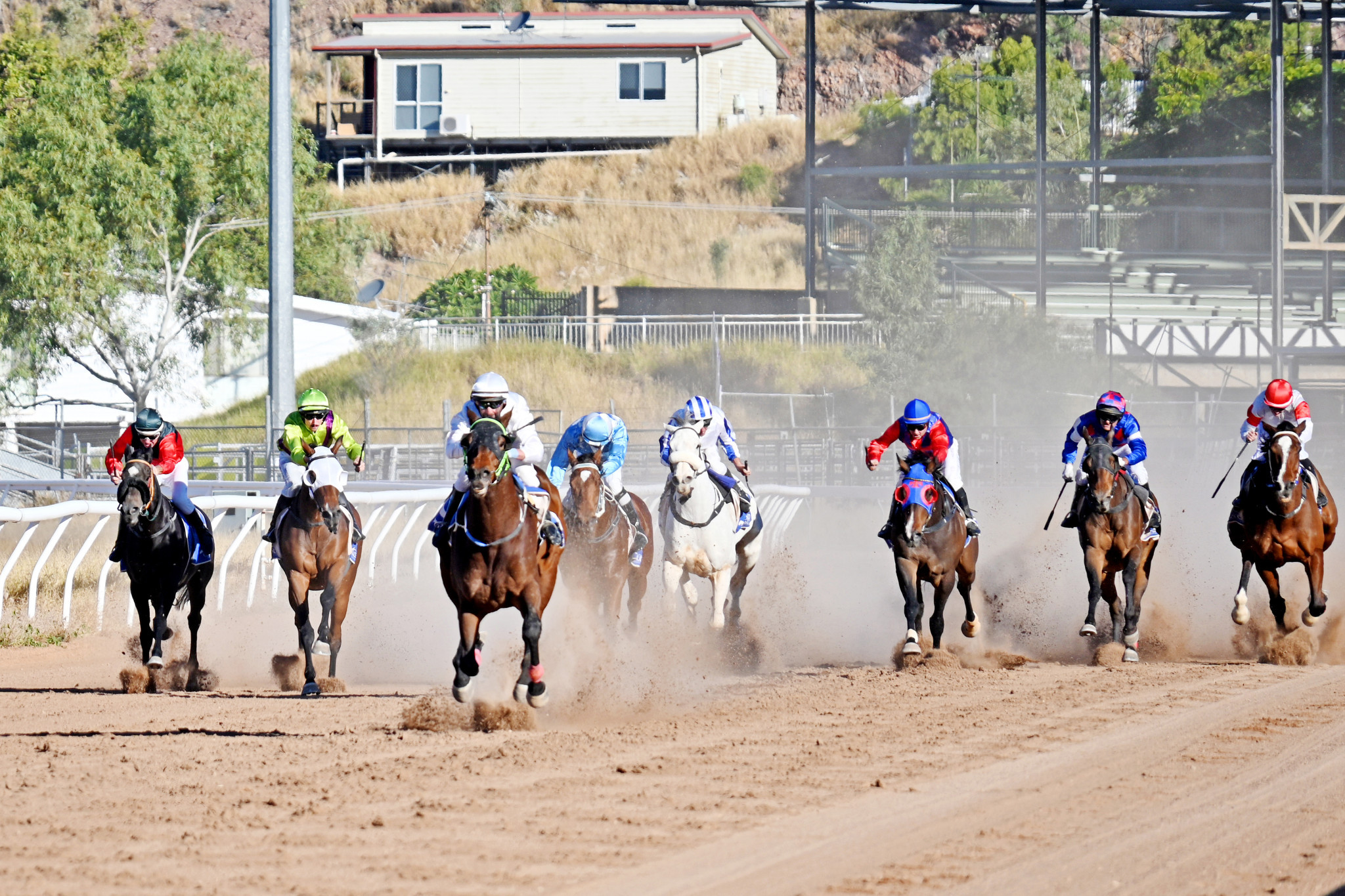 Victory Bay (third from left) was a runaway winner of this year’s Mount Isa Cup after a 10/10 ride from Longreach jockey Robert Faehr.