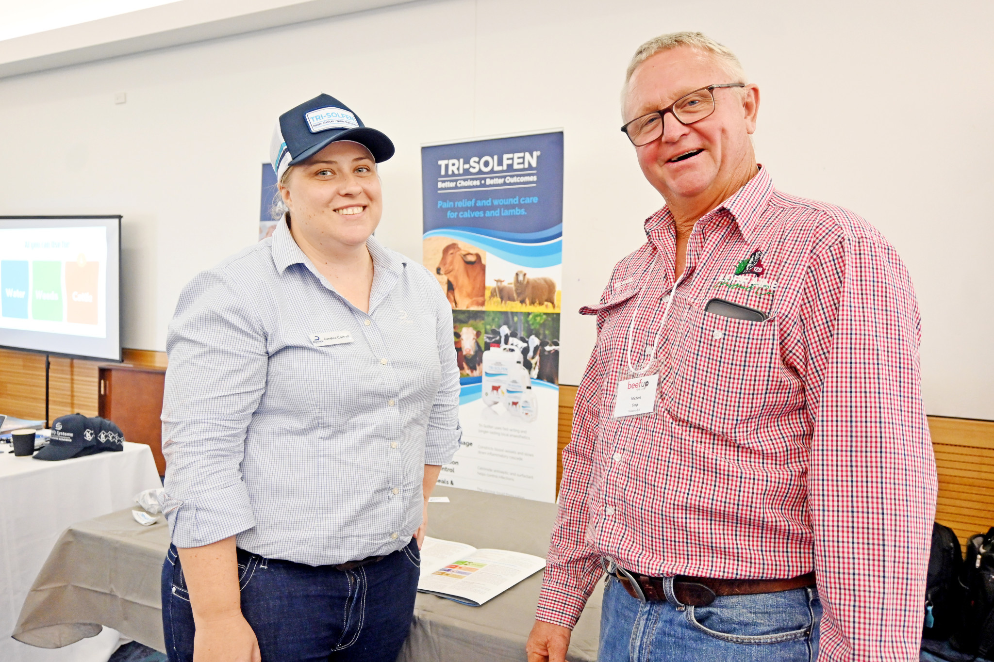 Dechra veterinary products sales manager Candice Cottrell and Lorraine Station manager Michael Crisp at the BeefUp Forum in Cloncurry.
