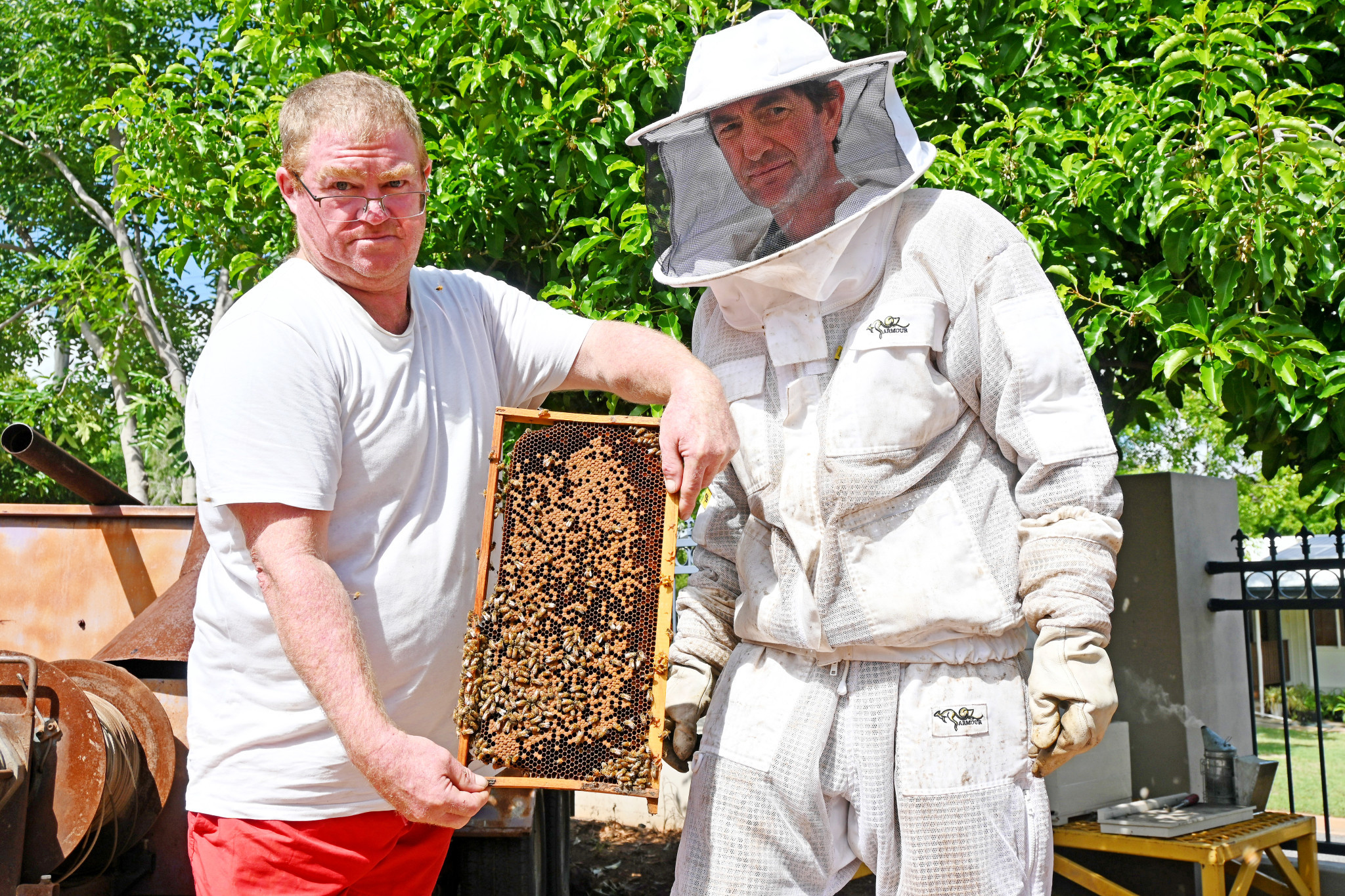 Mount Isa beekeepers Bluey Beeman and Richard Pitt are warning home gardeners about the looming threat from the destructive varroa mite.