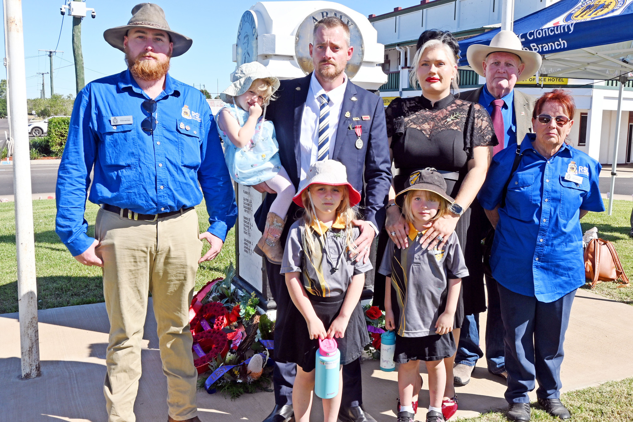 At the Cloncurry Cenotaph on Anzac Day were Cloncurry RSL sub-branch members Left to right is: Peter Mayfield, Bob Guteridge and Susie Patterson, along with RSL sub-branch president Kane Burgess, his wife Brittany, and their three daughters Violet, Freya and Odette. Picture: Matt Nicholls