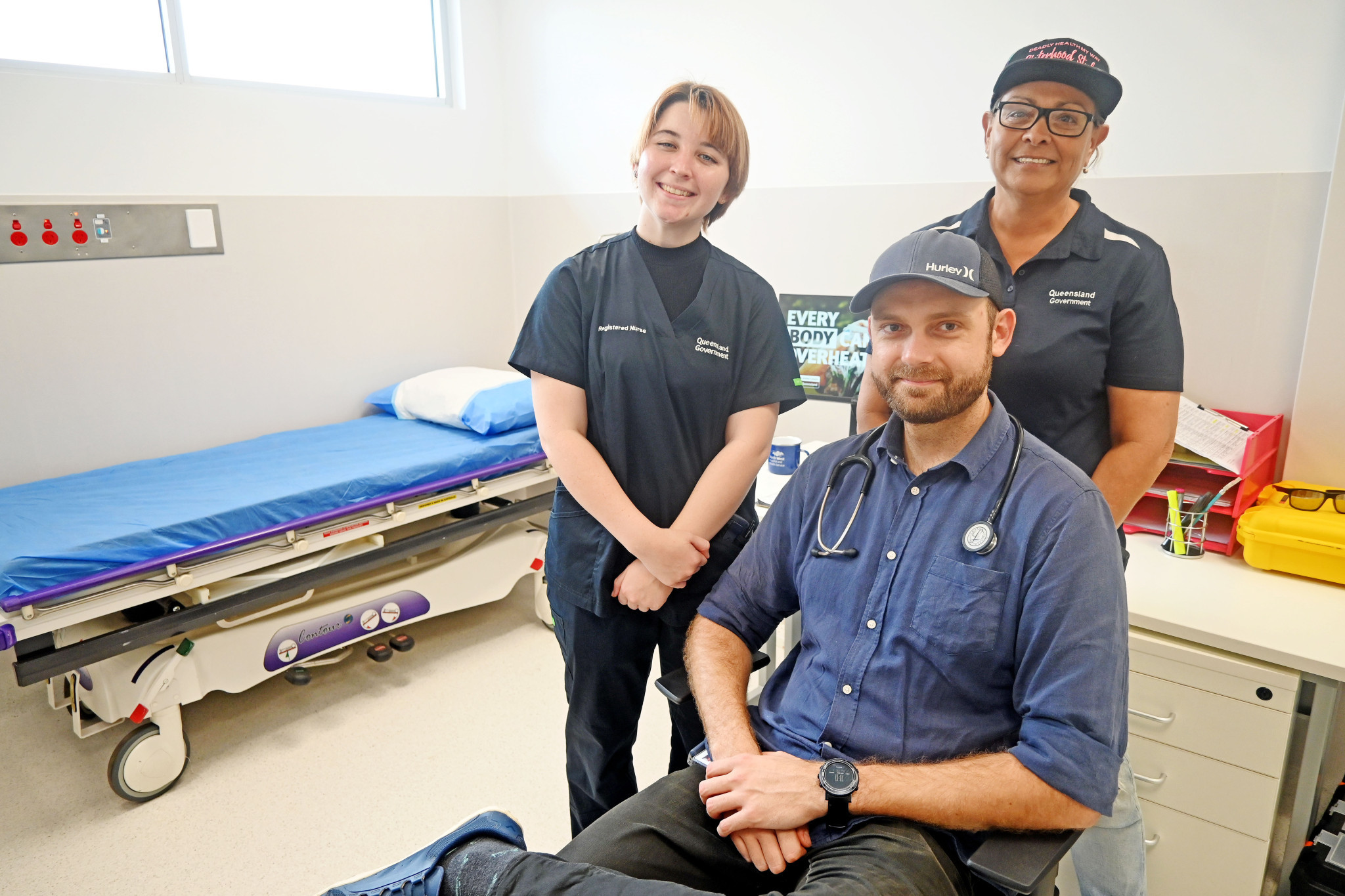 Camooweal Primary Health Care Centre registered nurses Katie Vidler and Zac Soper with administration worker Josie Saltmere.