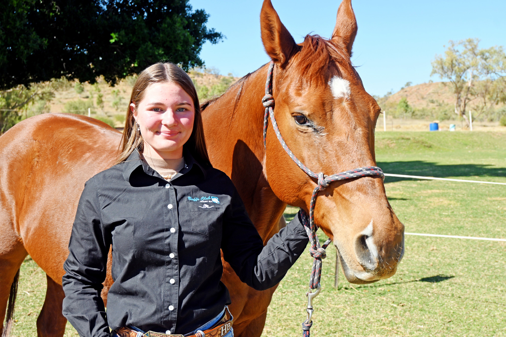 Mount Isa’s Holly Bryant with her poorly named mare Cranky just after winning at Boulia on the weekend.