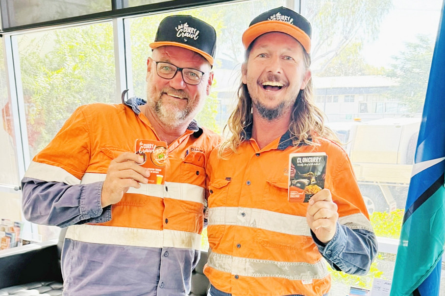 Cloncurry contractors Paul and Andrew were the first to claim the ‘I did The Curry Crawl’ caps after visiting six of the eligible locations.