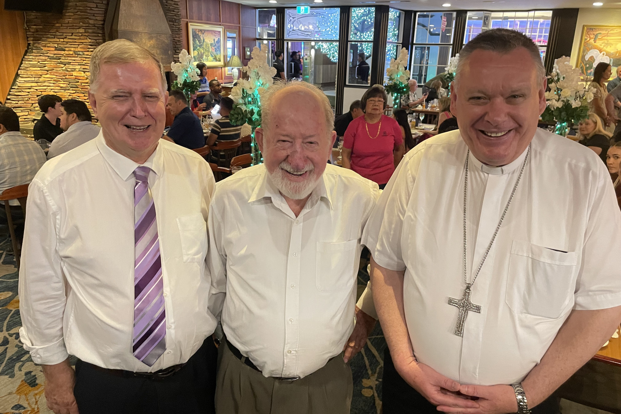 Father Mick Lowcock, keynote speaker Father Terry Lyons, and Bishop Tim Harris at the Irish Club on Thursday night.