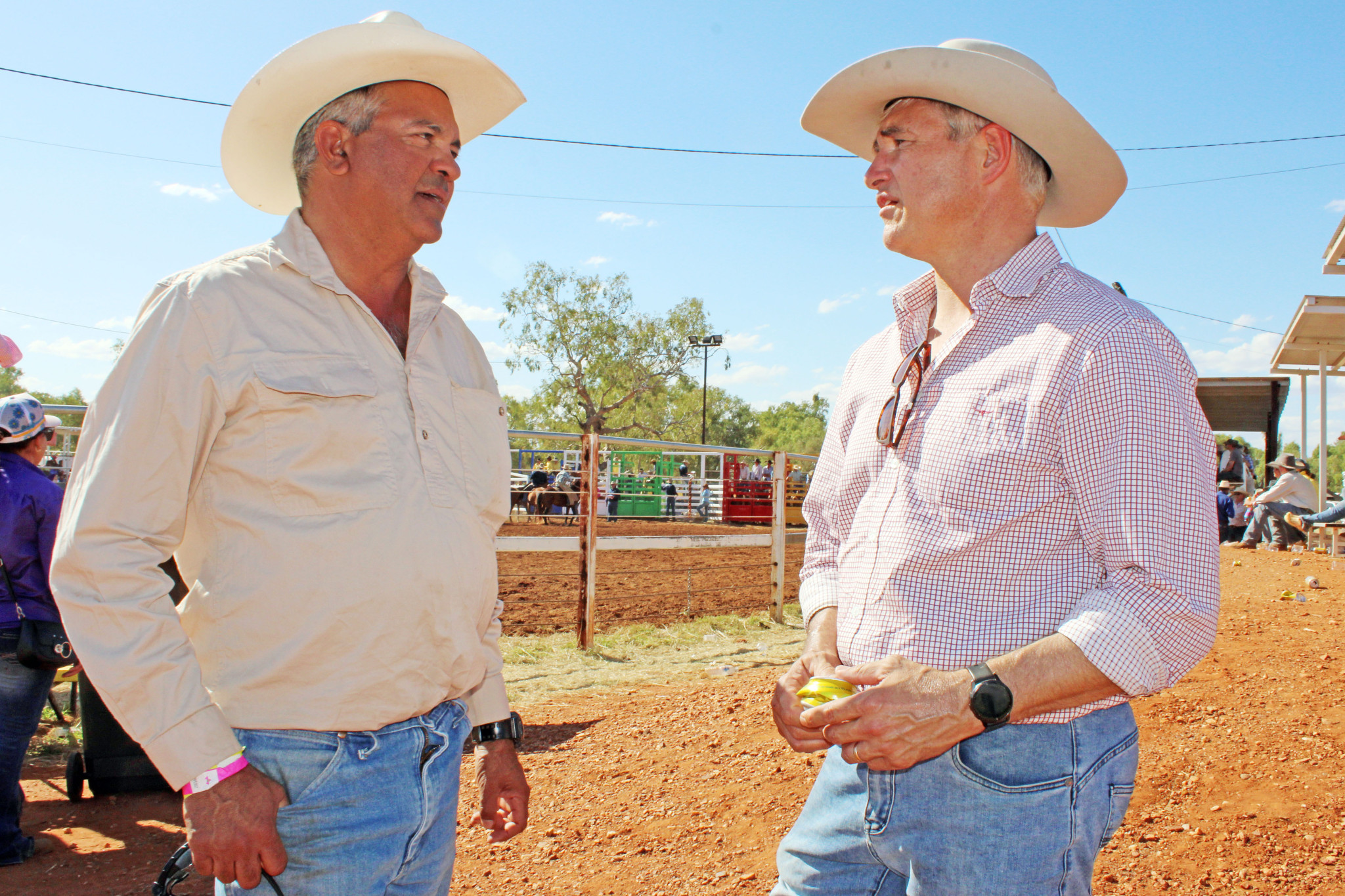 Dajarra roadhouse owner Scott Punch with Robbie Katter at the rodeo on Saturday.