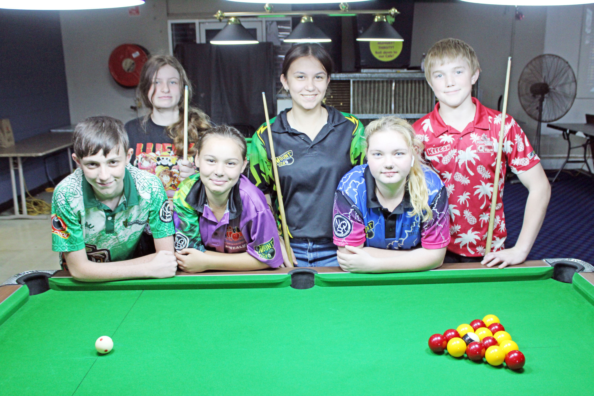 Mount Isa Eight Ball Association juniors Bronson Langtree, Amealue Parry, Carolyn Milligan, Amanda Jones, Cara Taylor and Keegan Smith.