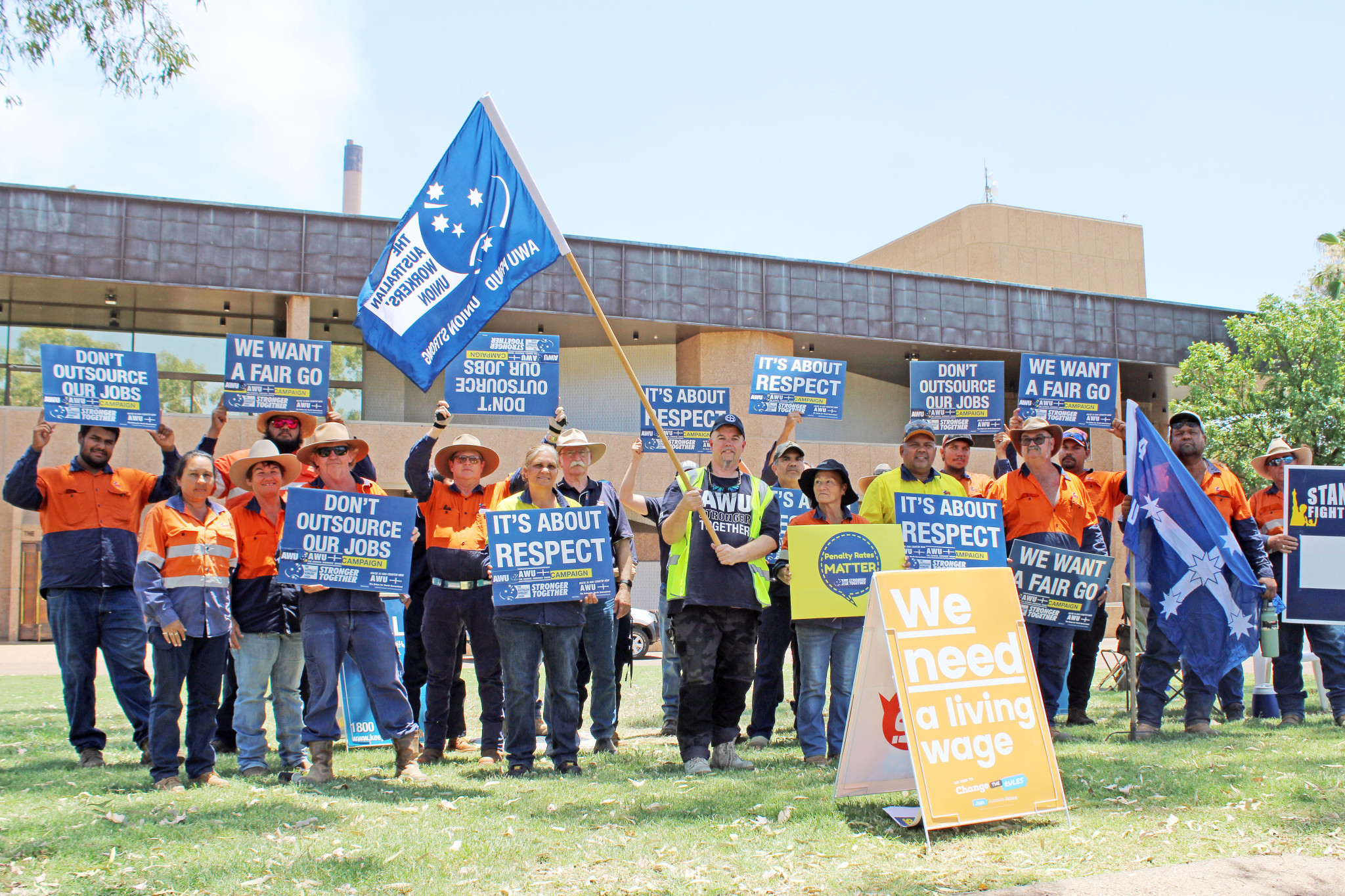 Council workers gathered on the Civic Centre lawns on Monday to air their grievances in the first work stoppage organised by the Australian Workers’ Union.