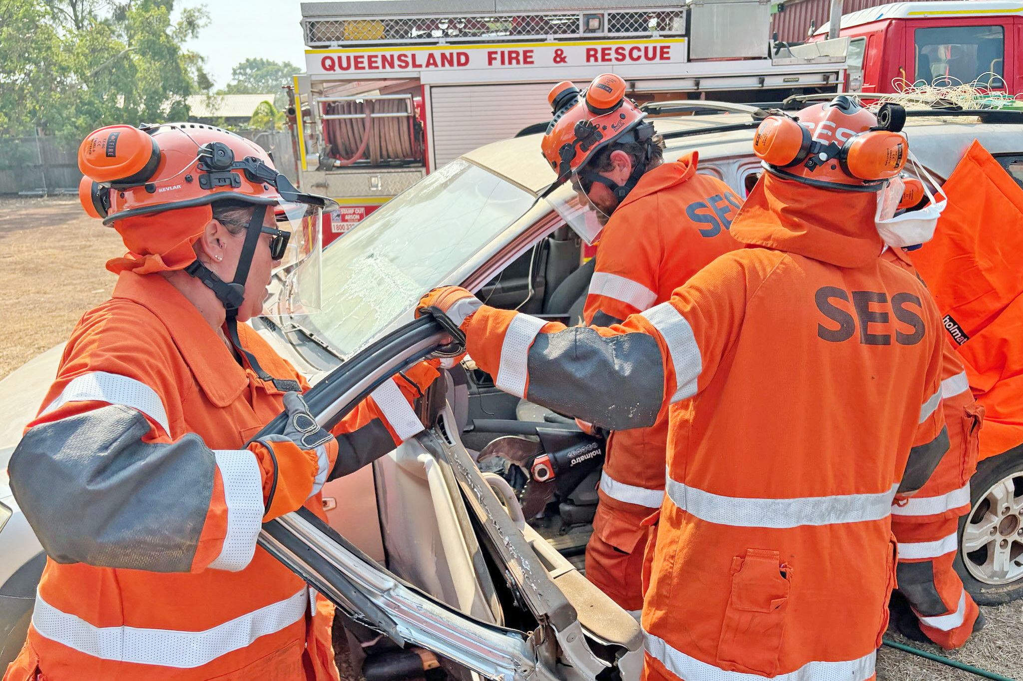 The four volunteers in the SES team on Mornington Island spent two weekends completing the Road Crash Rescue Course.