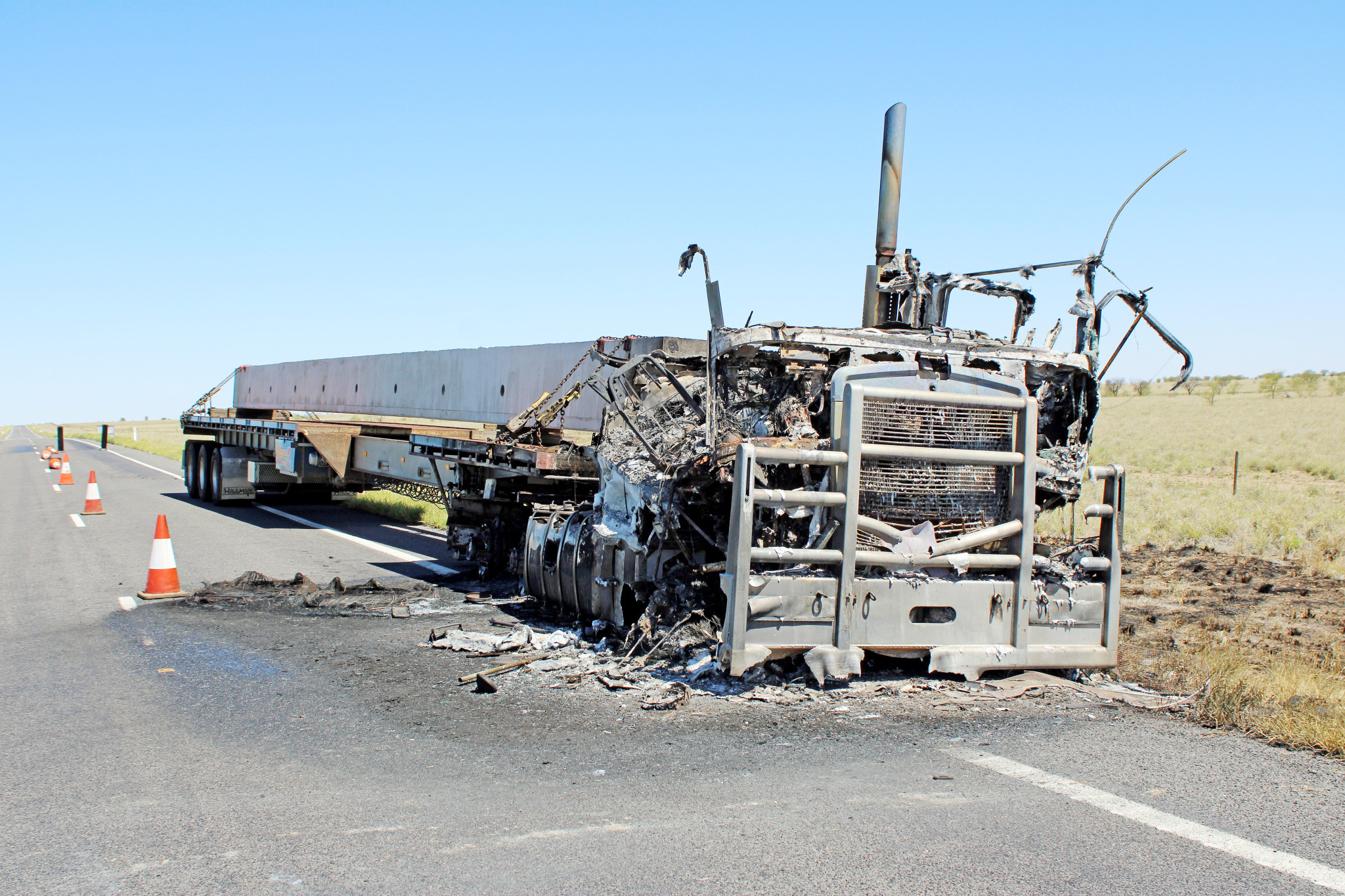 The wreckage of the truck remained on the Landsborough Highway for several days after the incident near Kynuna.