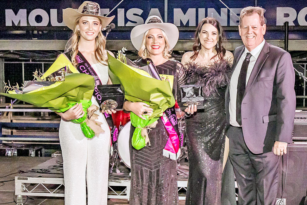 The last two rodeo “queens” – Phoebe Ryder and Tammy James – who were the 2022 Mount Isa Rodeo Charity Quest winners. They are pictured with Linda and Lee Pulman of Bell & Moir Toyota, which has sponsored the rodeo and queen quest for decades.