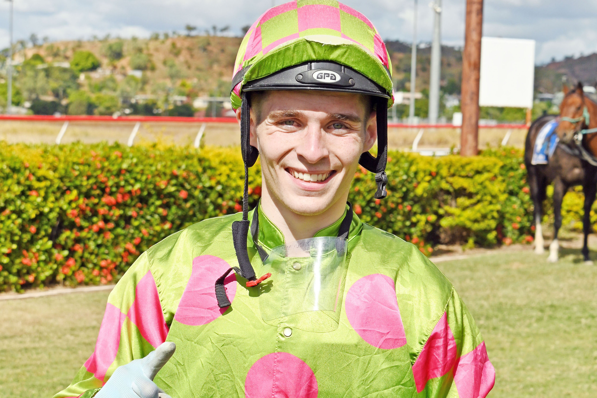 Apprentice Mitch Goring with a big grin after his third career win in the saddle.