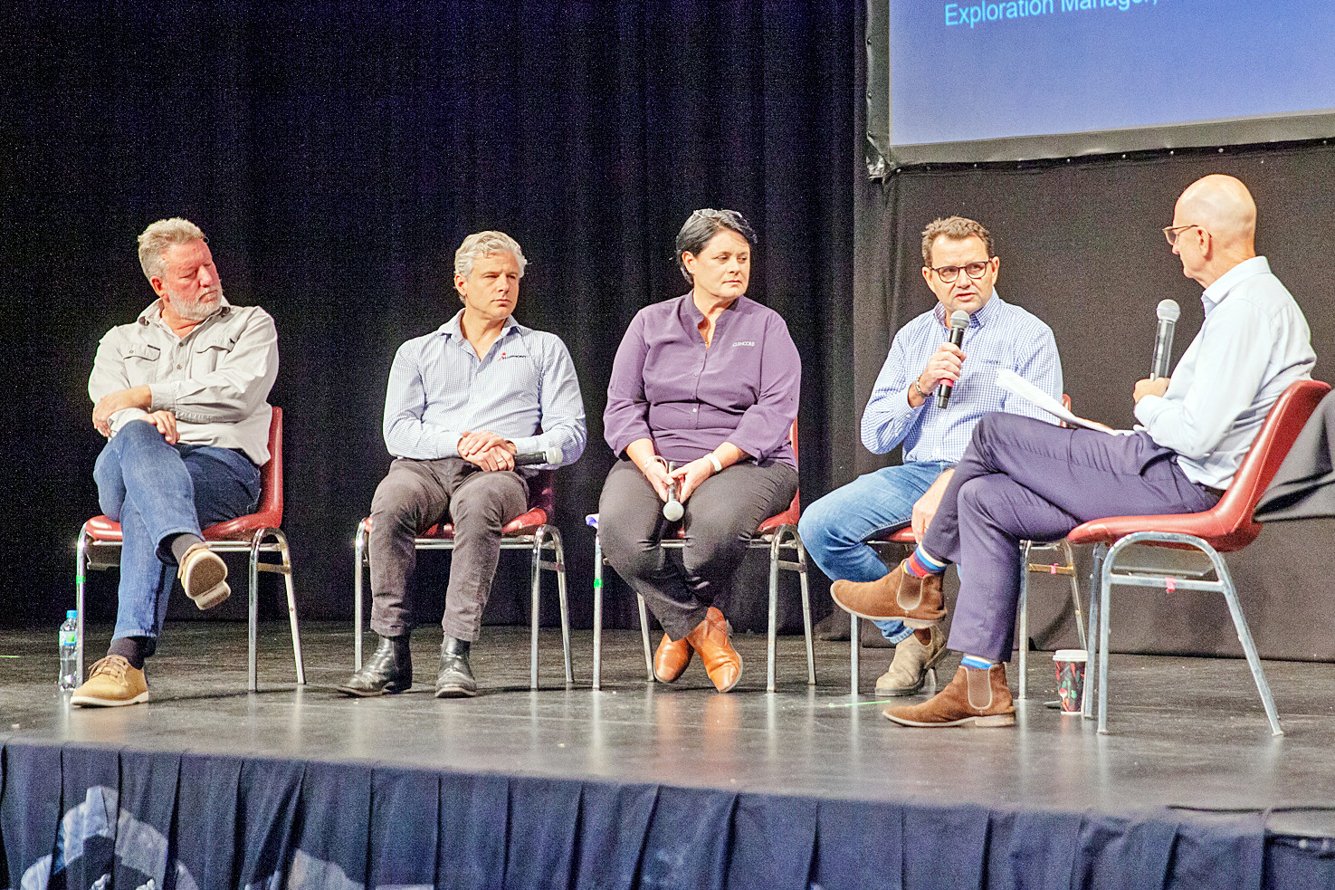 Red Metal Ltd exploration manager Kim Grey, Harmony Gold executive general manager Glen Connell with Glencore’s Sam Strohmayr and Maryann Wipaki, and Mount Isa Future Ready Economic Roadmap event MC James O’Loghlin on Friday.