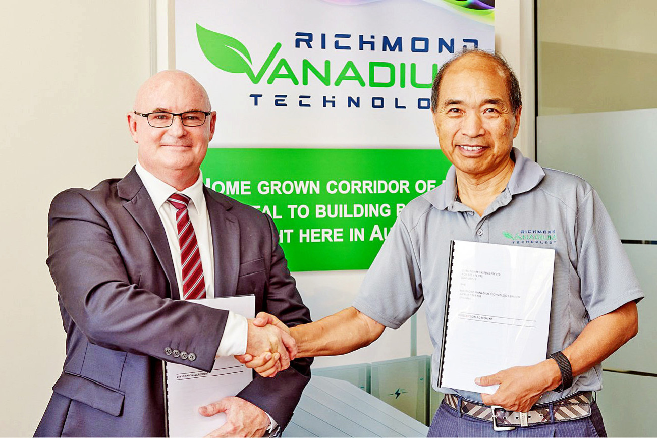 The critical minerals industry in North West Queensland needs strong investment and partnerships. Last year, Richmond Vanadium Technology and Thorion Energy executed an agreement to form an alliance to develop both vanadium mining and vanadium redox flow battery manufacturing. Pictured are Thorion’s Bradley Appleyard and RVT’s Dr Shaun Ren.