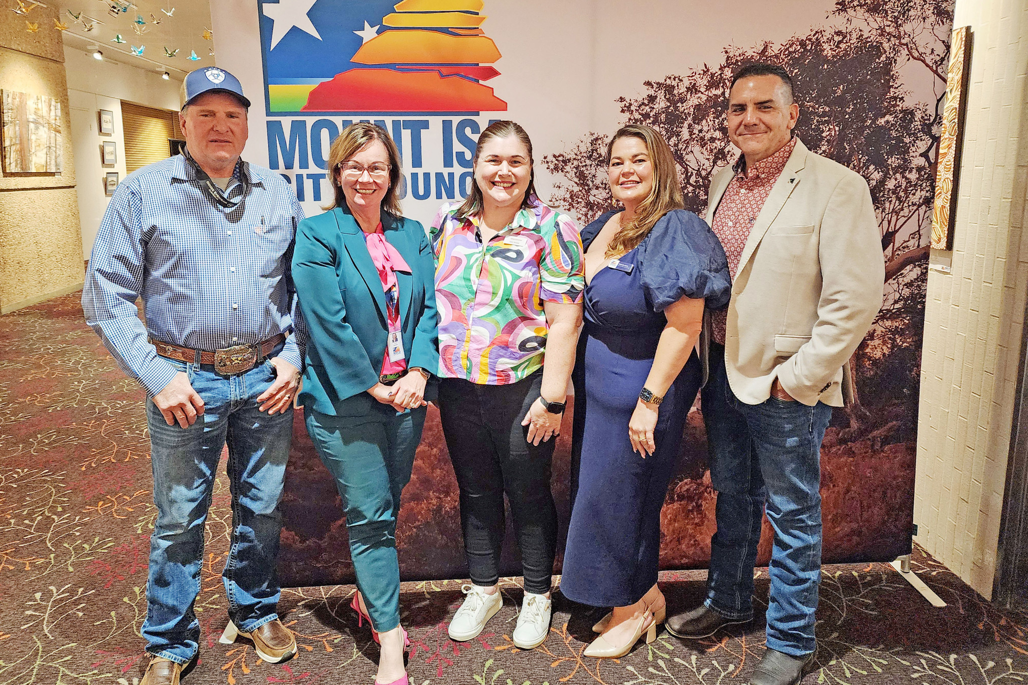 Mark Thompson, Mayor Peta MacRae, Kelly Hensley, Michelle Cyster, and councillor Travis Crowther at the Mount Isa Civic Centre launch.