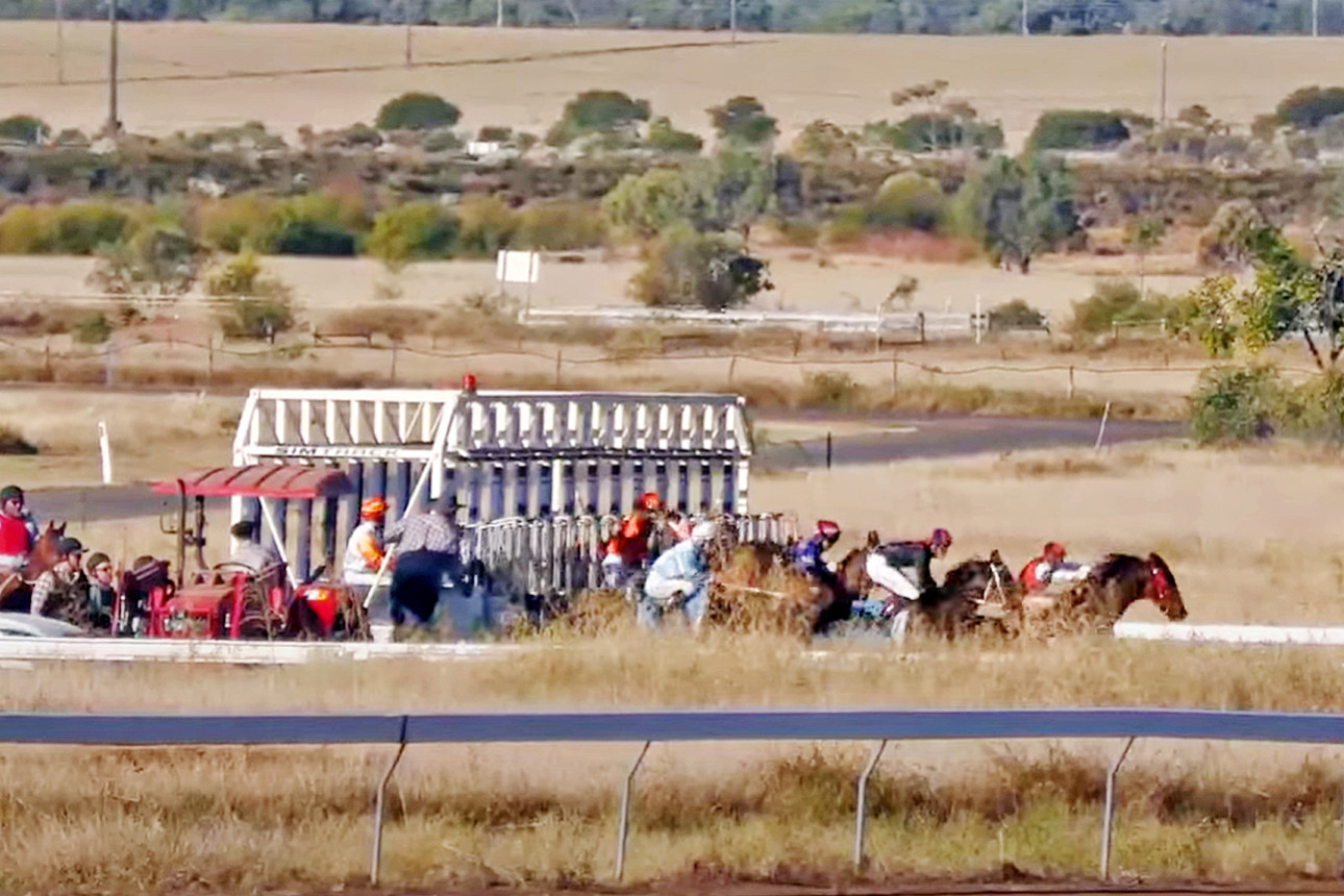 A still of the Hughenden Cup start, which saw horses come out of the gates in dribs and drabs.