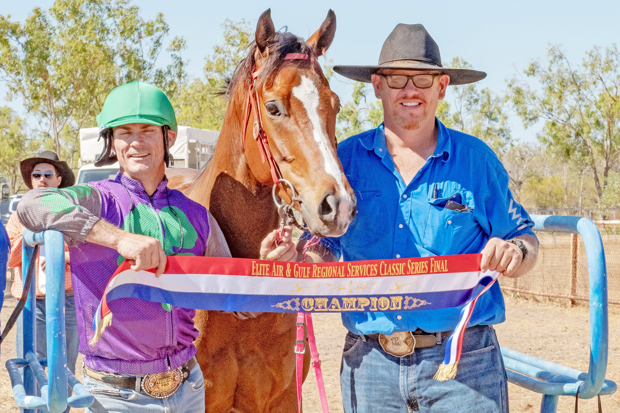 Normanton trainer Troy Gallagher (right), pictured with Jock Connolly will bring boom sprinter Mr Hanky Panky to the Richmond Bush Sprints.
