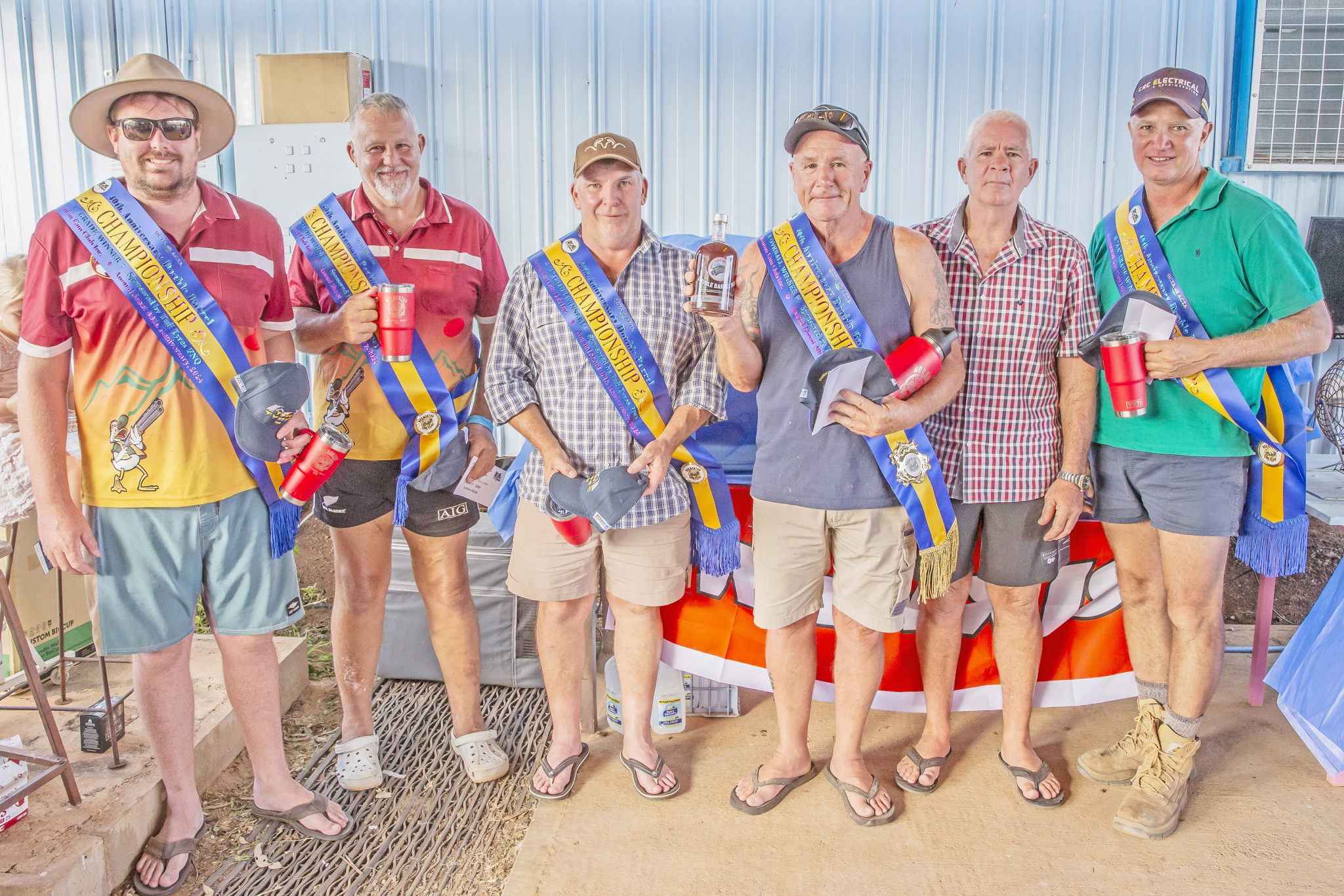 40th Anniversary Double Barrel winners Dan Beard, Alan Birch, Steve Baynes, Brian Harrison and Clayton Cusack with sponsor Tuff Tyres FNQ representative Kevin McHardie.