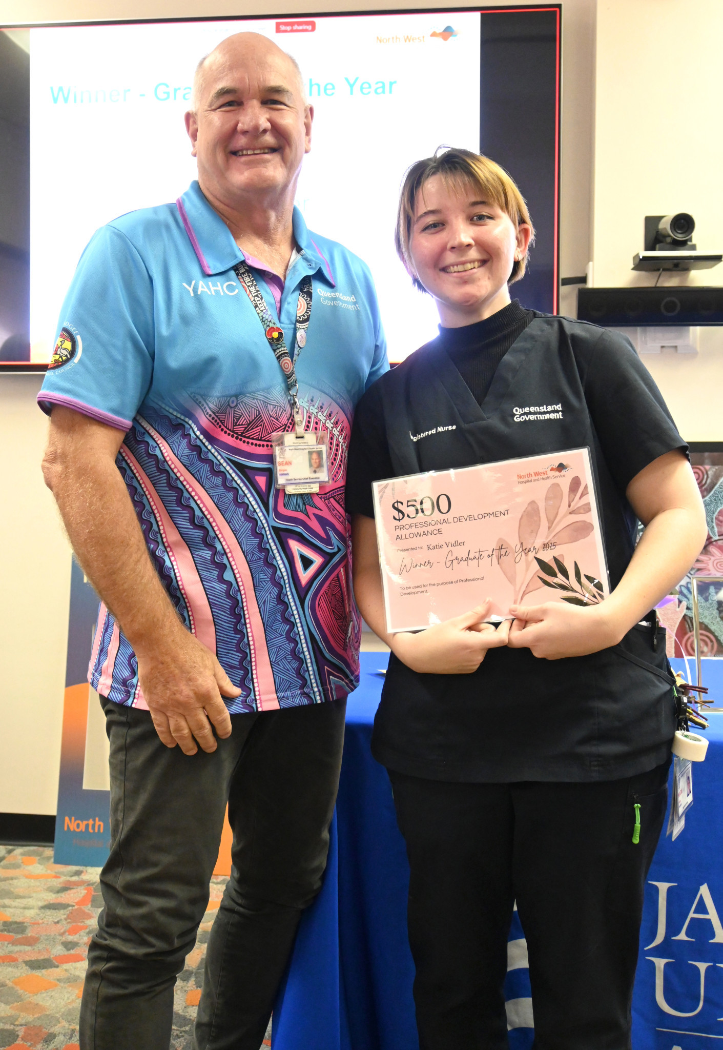 North West Hospital and Health Service CEO Sean Birgan with trainee of the year Katie Vidler at Friday’s special awards ceremony in Mount Isa.