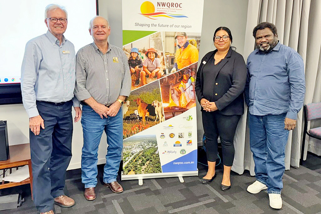 Welcoming Kowanyama Aboriginal Shire Council to the North West Queensland Regional Organisation of Councils in Georgetown last week were outgoing executive officer Greg Hoffman and Etheridge Shire mayor Barry Hughes. They are pictured with Kowanyama mayor Territa Dick and deputy mayor Teddy Bernard.