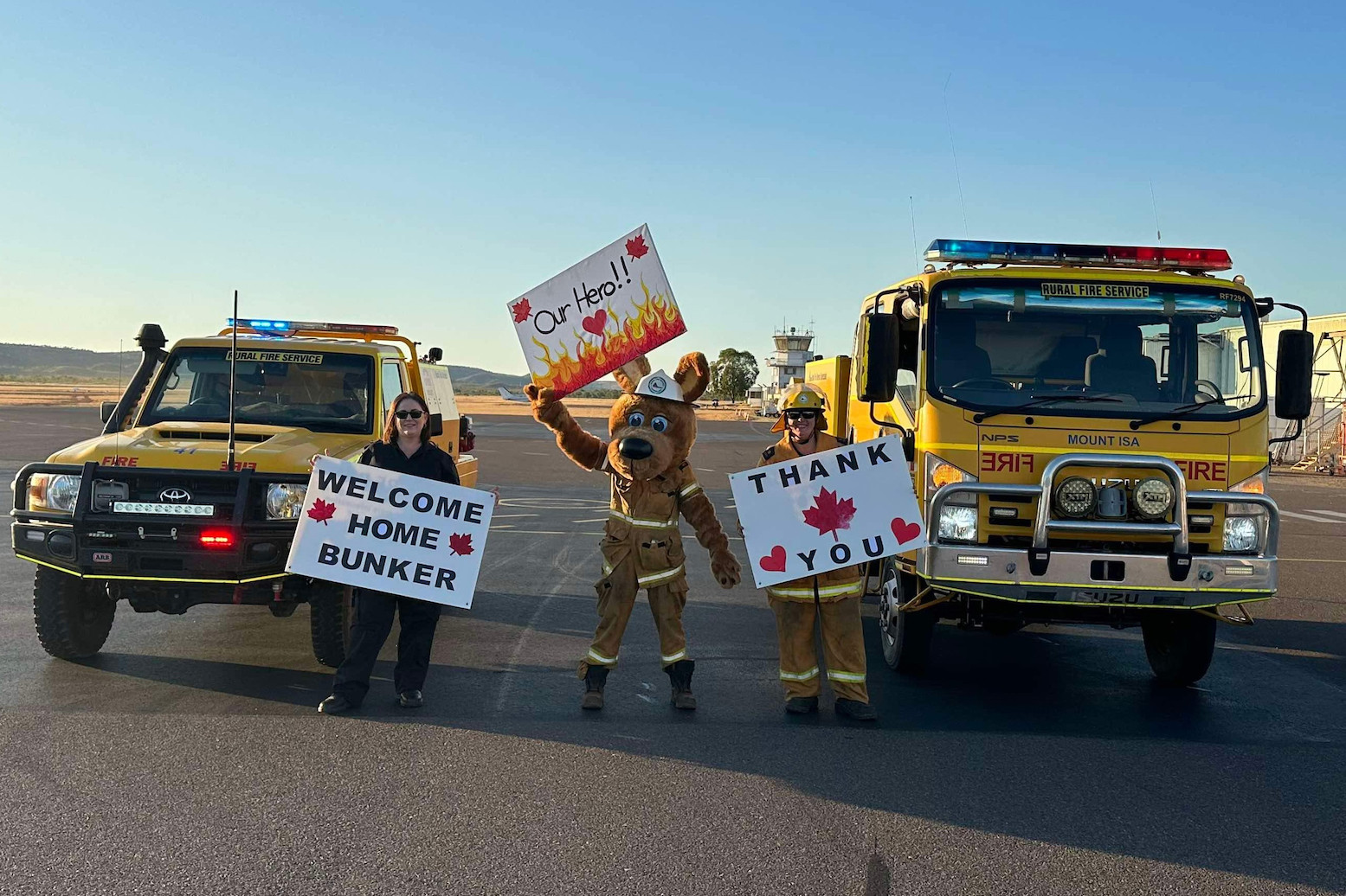 Mr Bunker was welcomed home with a small celebratory procession on the tarmac at Mount Isa airport.