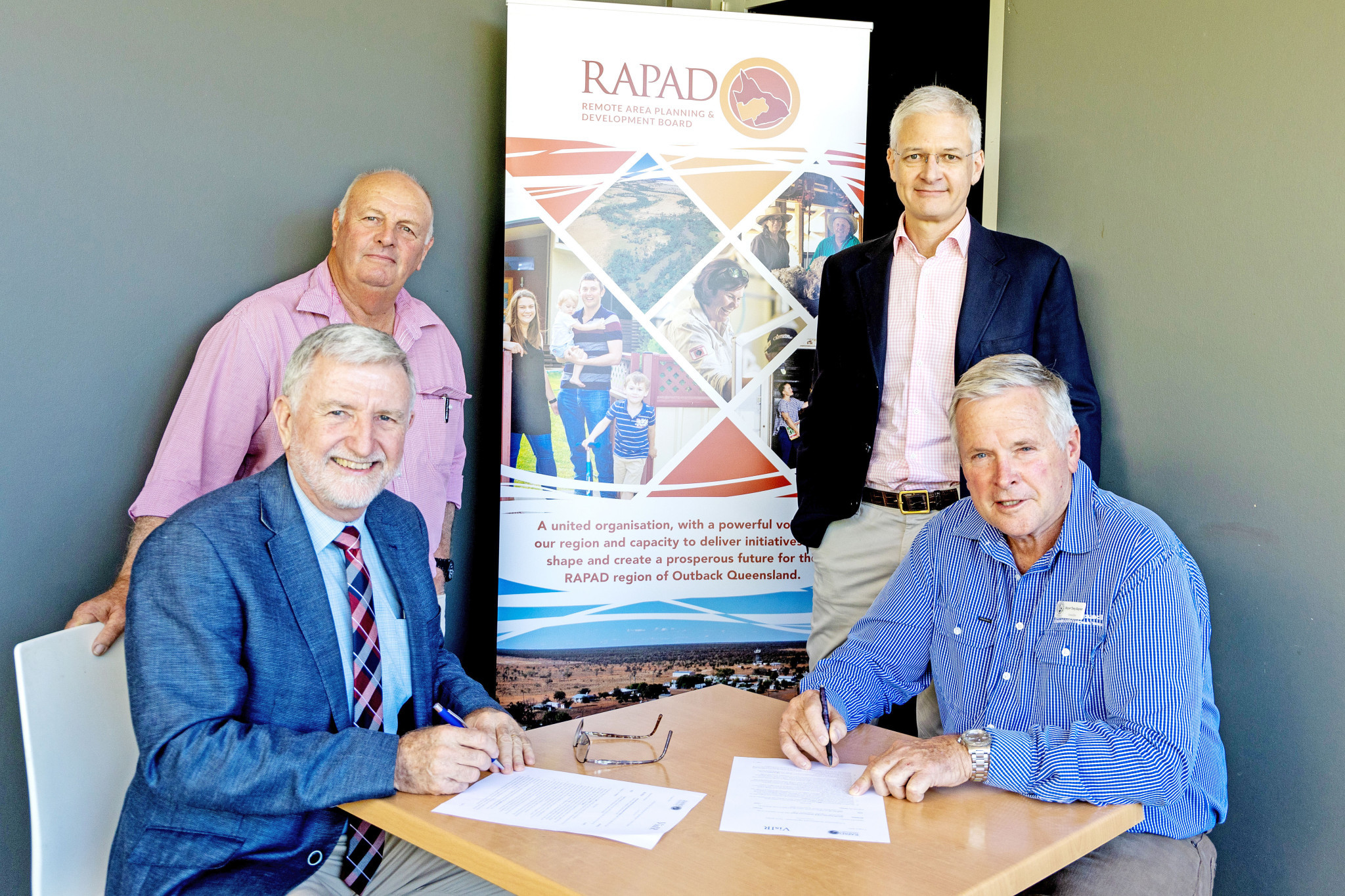 Blackall-Tambo mayor Andrew Martin with VisIP co-founders Joseph and John O’Brien and RAPAD chair and Longreach mayor Tony Raynor.